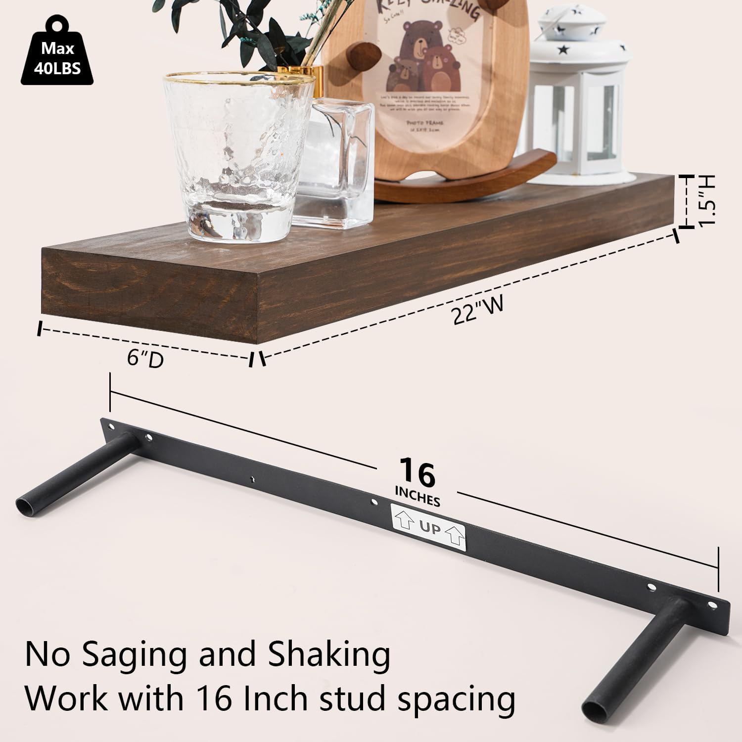 Wood Floating Shelves Set of 3 - Rustic Walnut Wall Mount