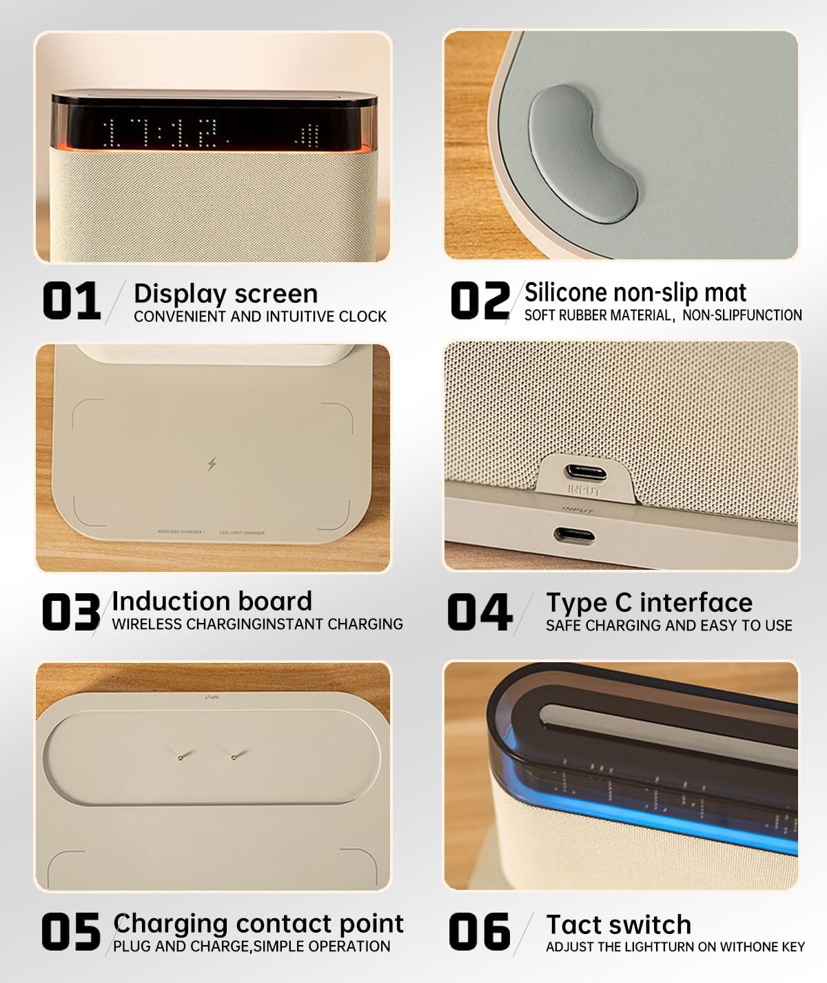 Bluetooth Alarm Clock with Wireless Charging and Night Light