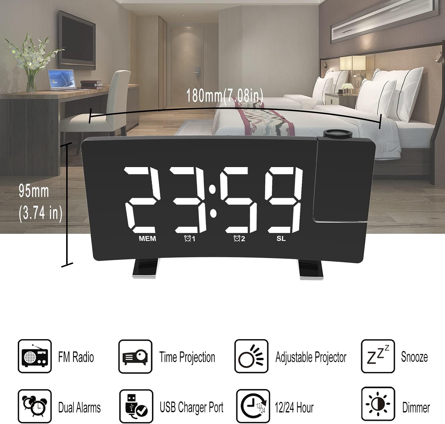 EternaHora Projection Alarm Clock with Radio and USB Charging