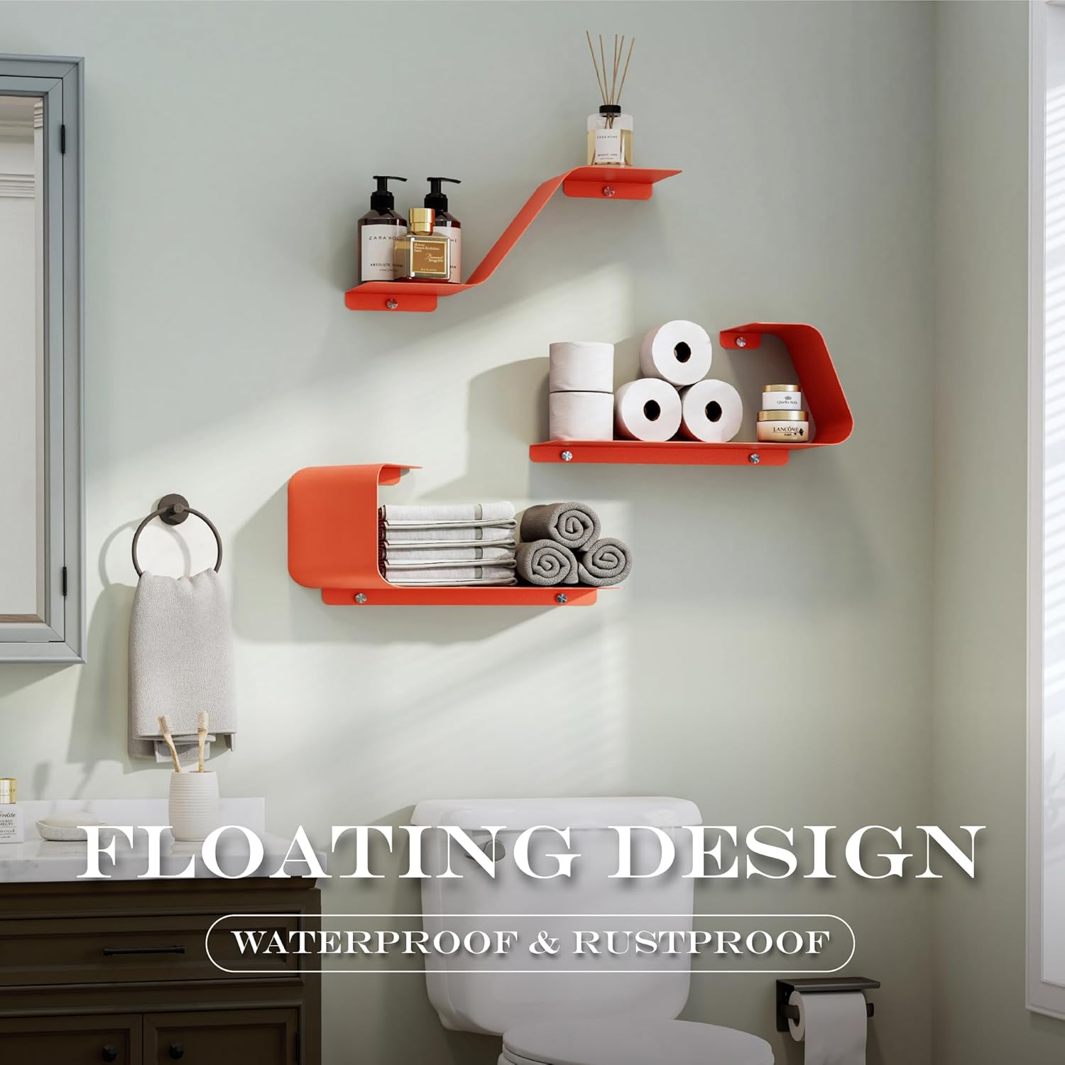 Set of 3 Floating Metal Wall Shelves with Orange Design
