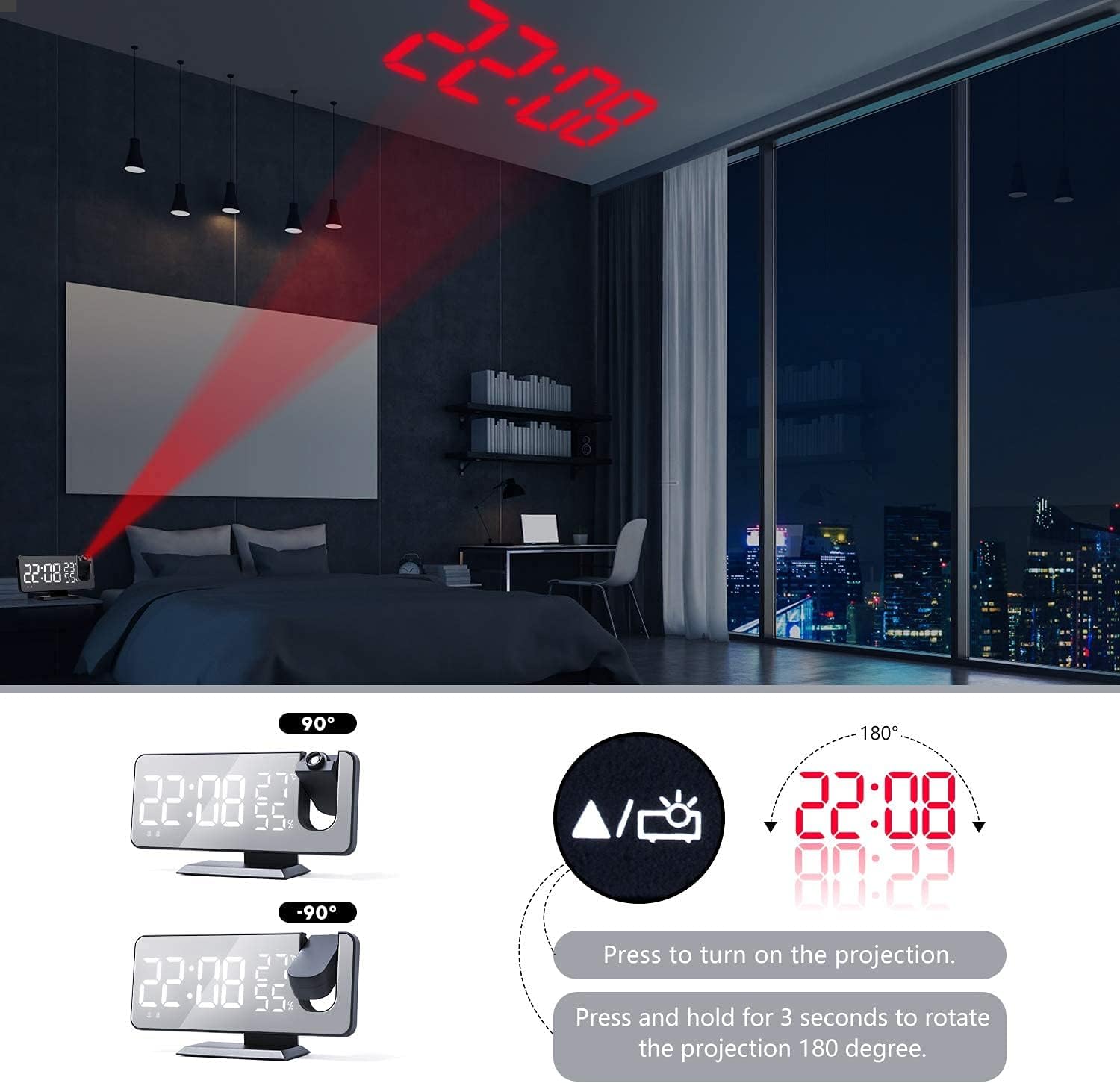 THE CEO Dual Alarm Clock with Ceiling Projection and USB Charging