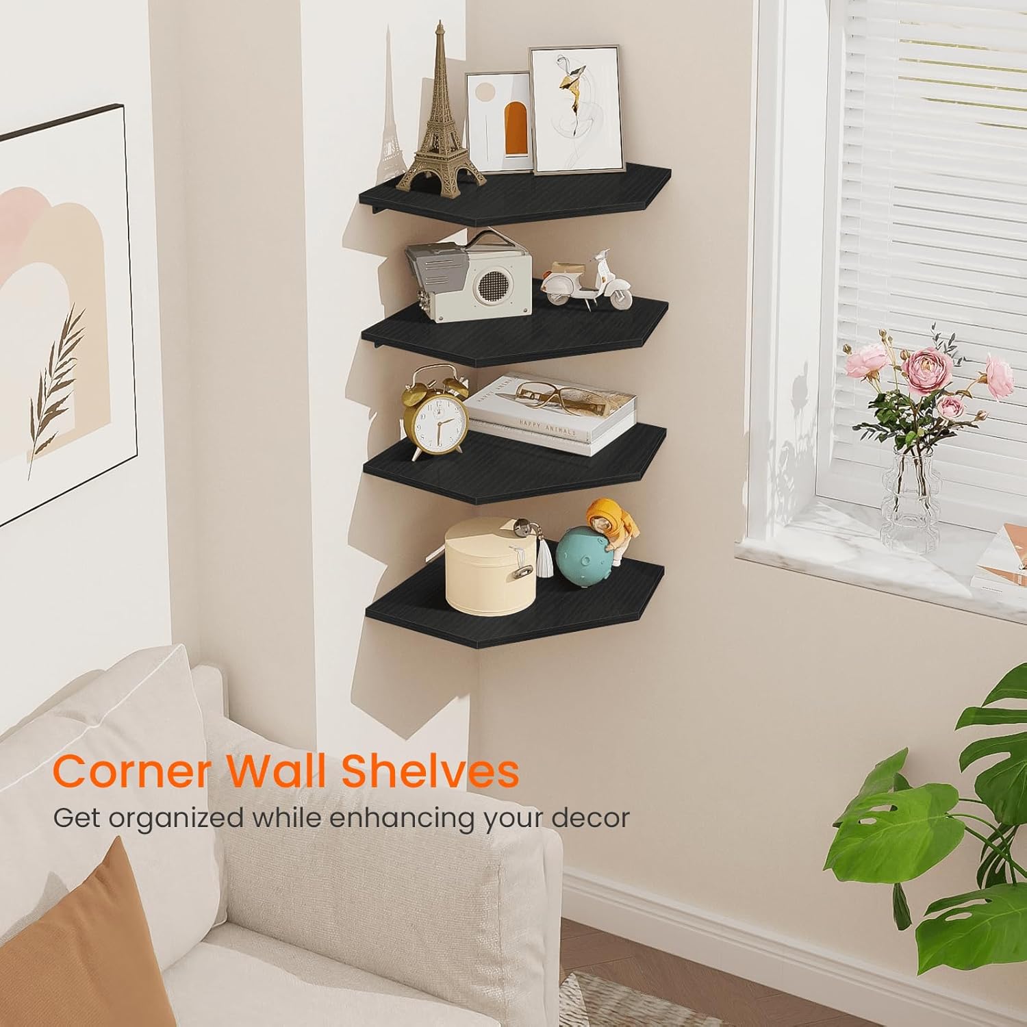 Homode 4 Tier Diamond Shape Corner Wall Shelves Black