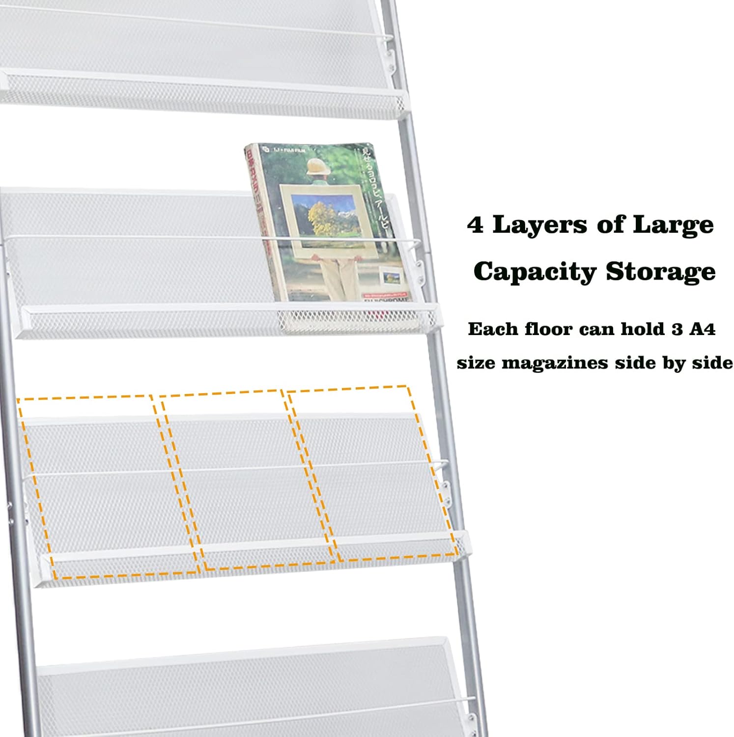4-Layer Iron Magazine Rack with Wheels Silver
