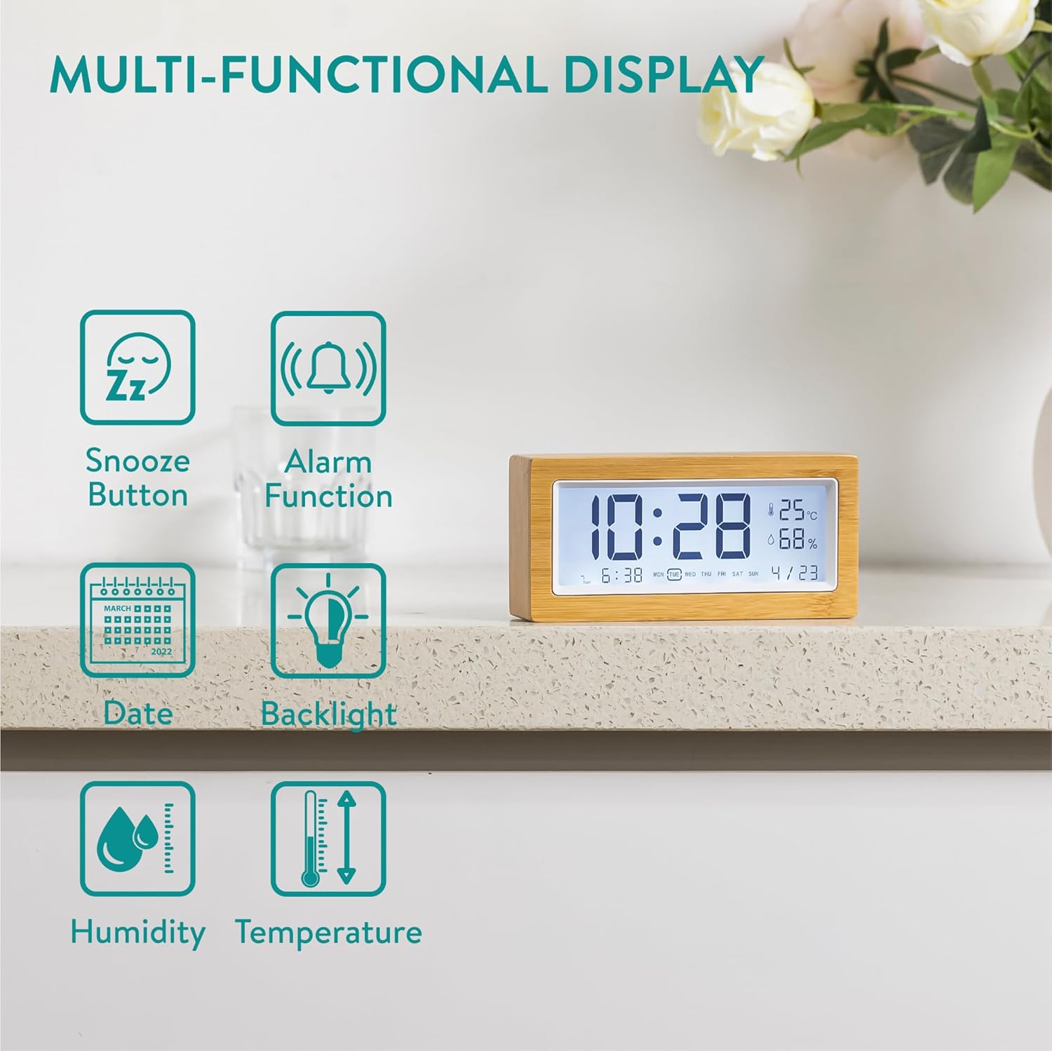 Navaris Digital Alarm Clock with Bamboo Frame and LCD Display 1