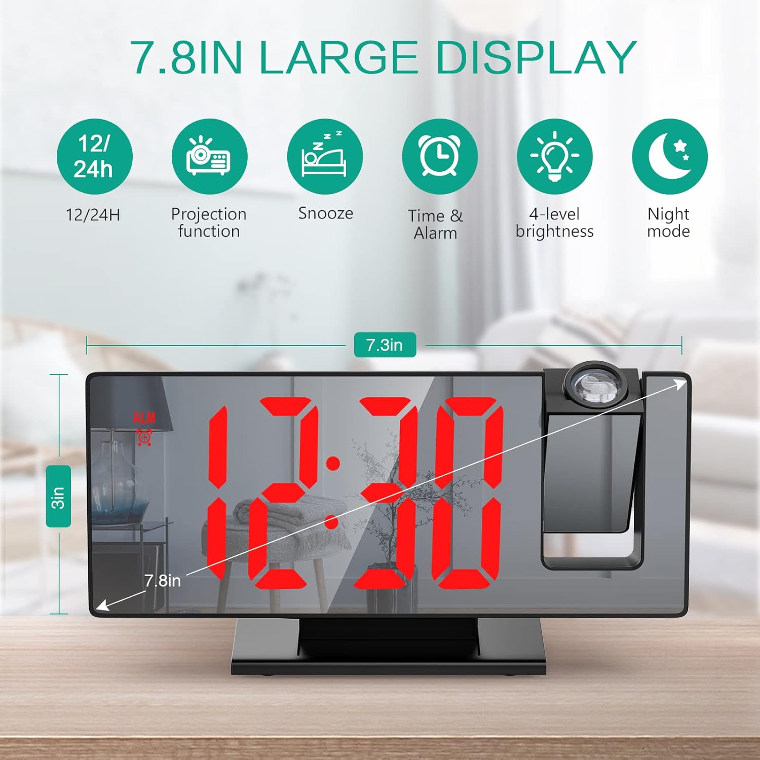 ORIA Projection Alarm Clock with LED Mirror and Snooze