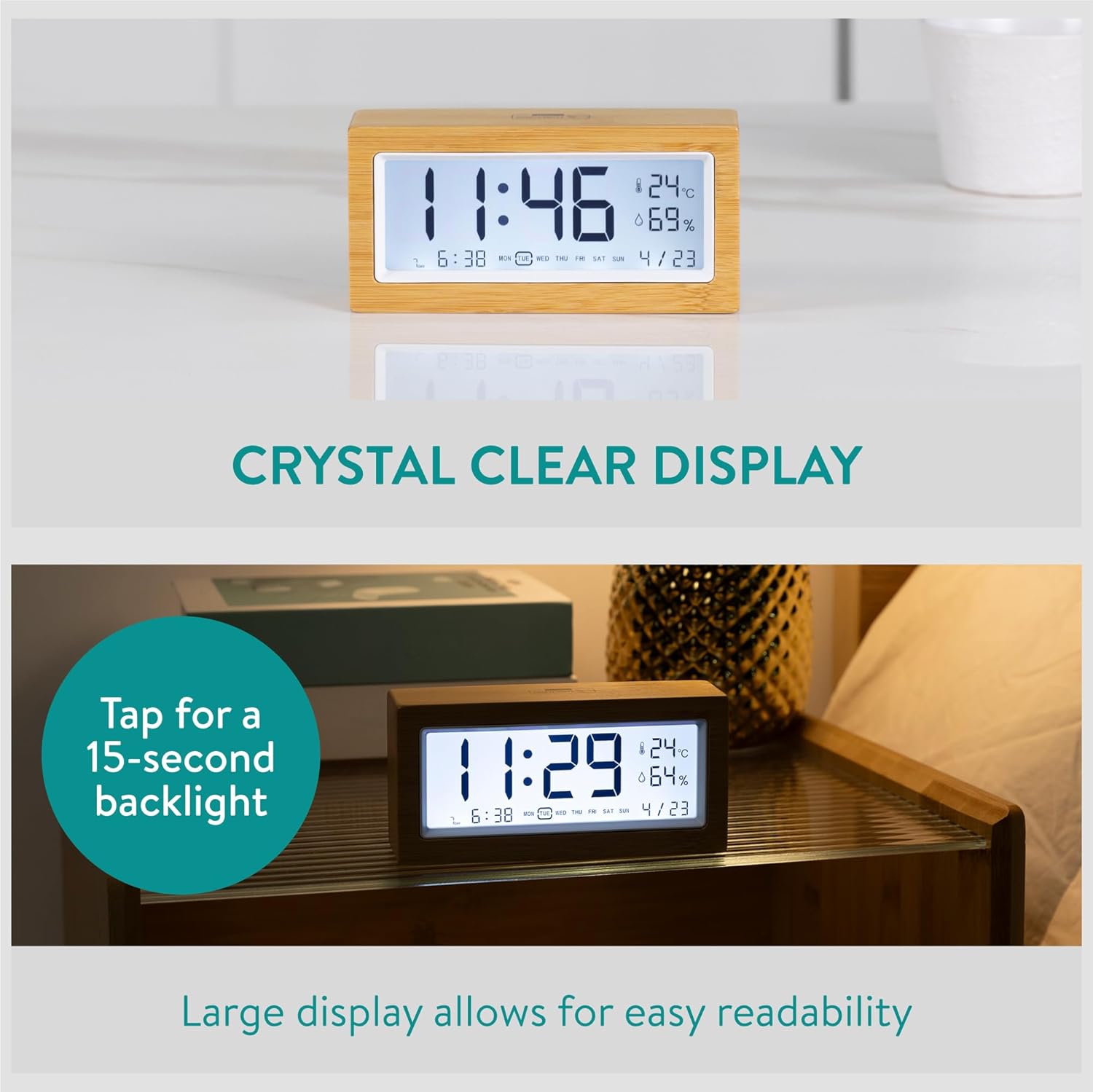 Navaris Digital Alarm Clock with Bamboo Frame and LCD Display 1