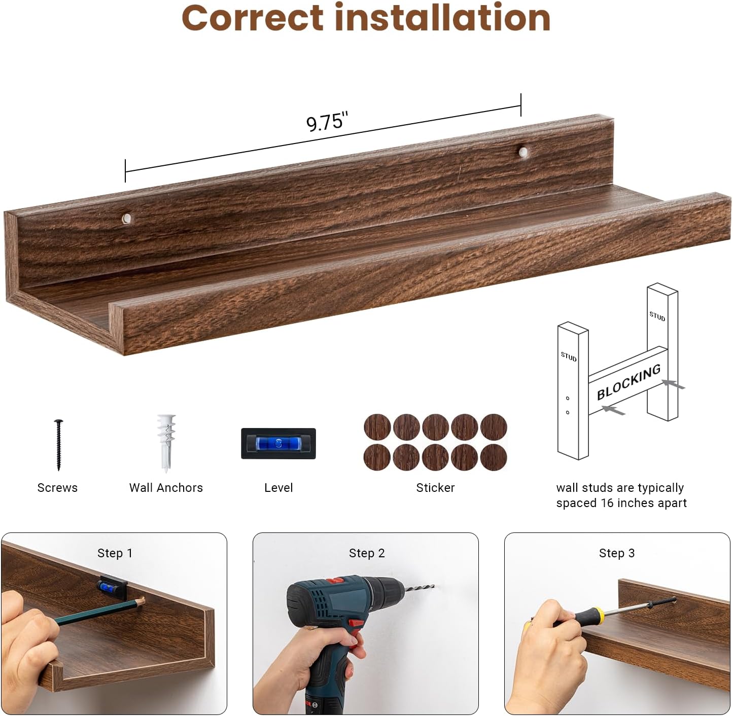 Heimlove Floating Shelves Set of 6 16 Inch Wall Mounted Picture Ledge