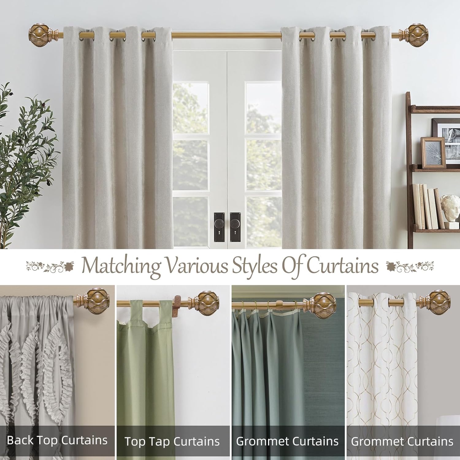 EQURROY Wood Curtain Rod for Windows 28-48 Inches