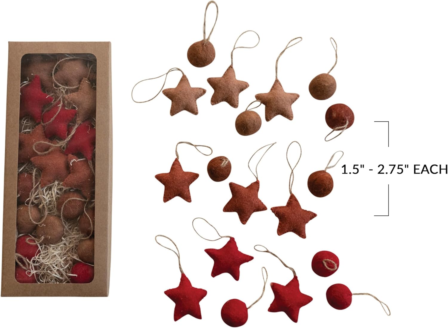 Creative Co Op Handmade Wool Felt Ornaments Set of 18 Red Brown
