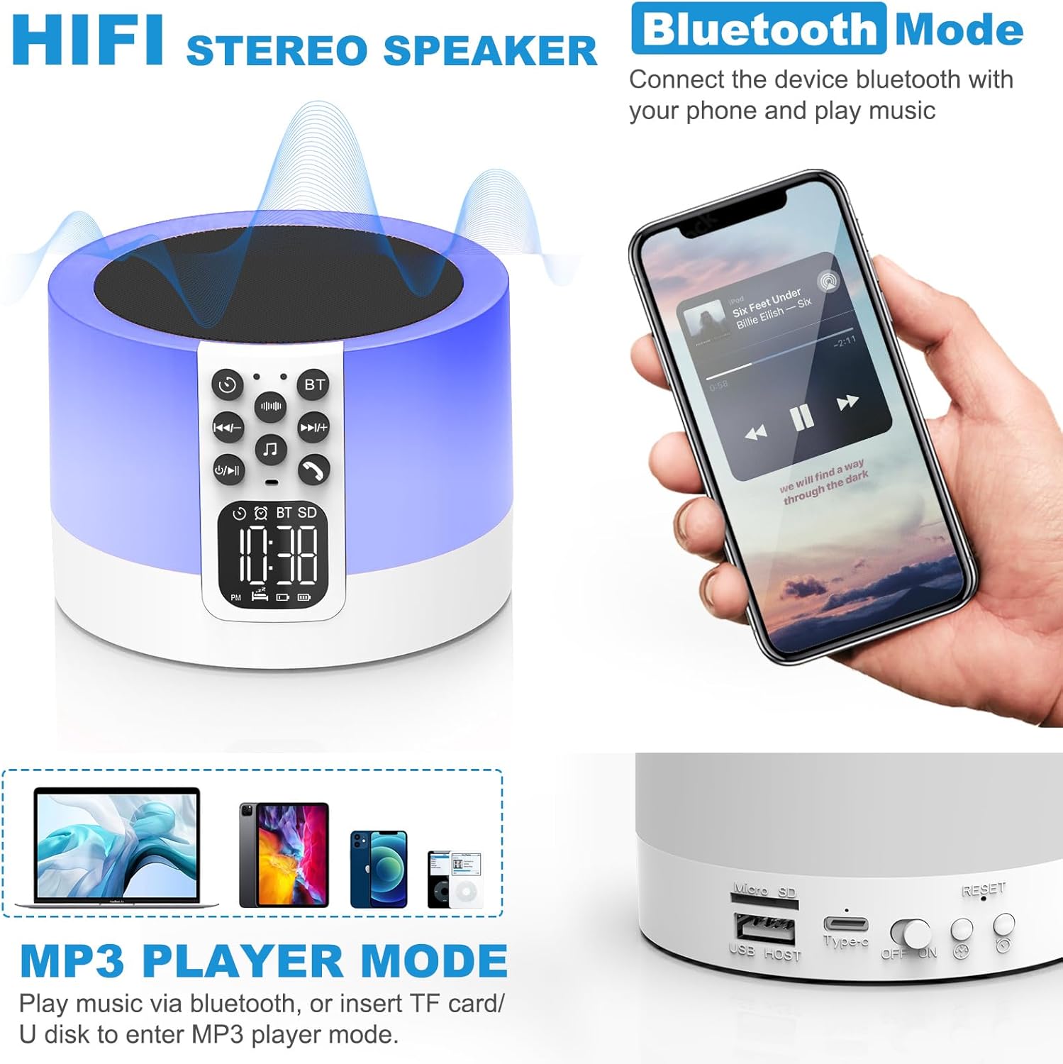 Night Light Bluetooth Speaker Alarm Clock with White Noise and RGB Light