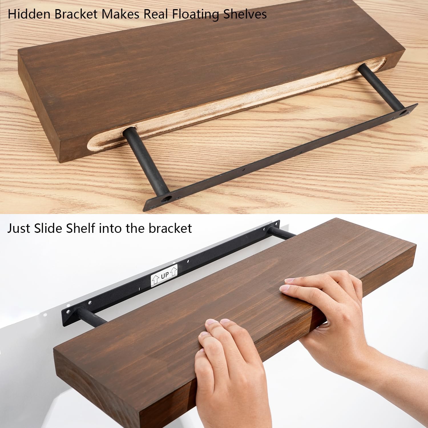Wood Floating Shelves Set of 3 - Rustic Walnut Wall Mount