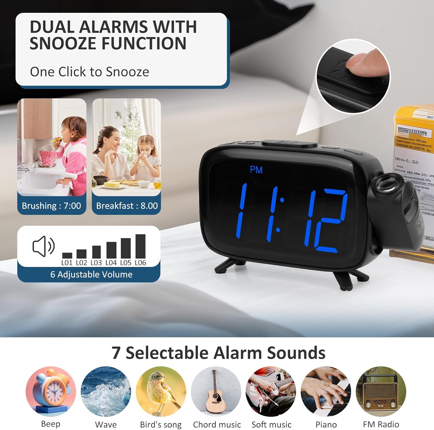WAIGESEN Digital Projection Alarm Clock with Dual Alarms and FM Radio