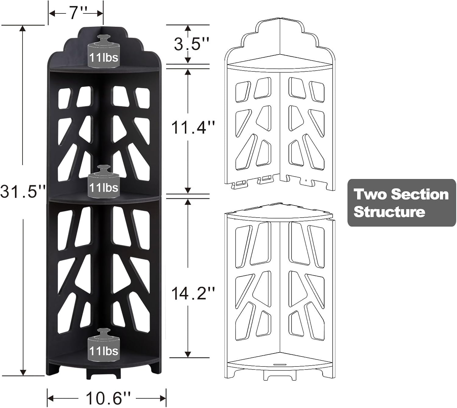 Corner Shelves Waterproof Black 3 Tier Storage Stand