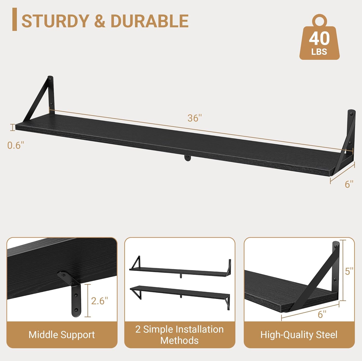 Heimlove Floating Shelves Set of 3 36 Inch Black Wood Wall Mounted