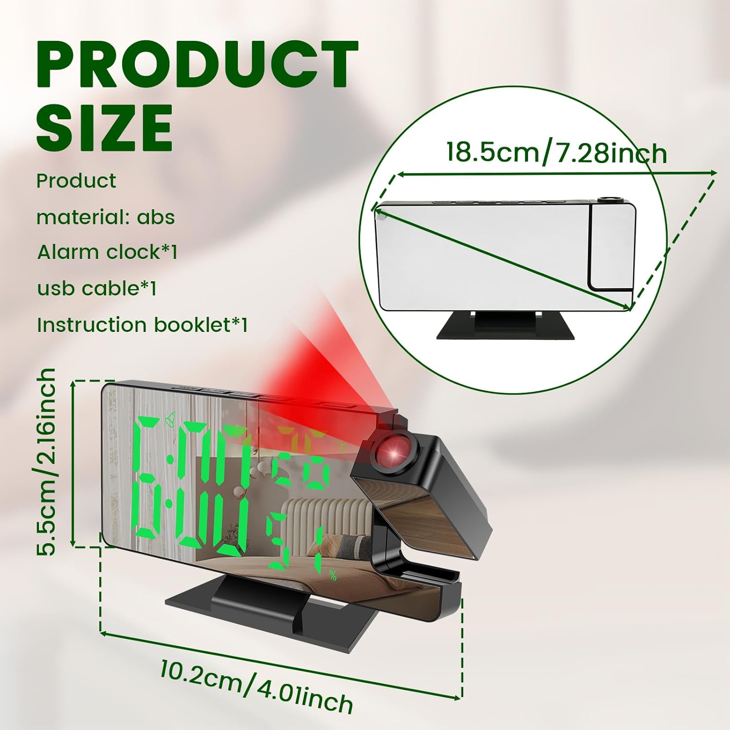 Projection Alarm Clock with Rotatable Projector and Dimmable Mirror
