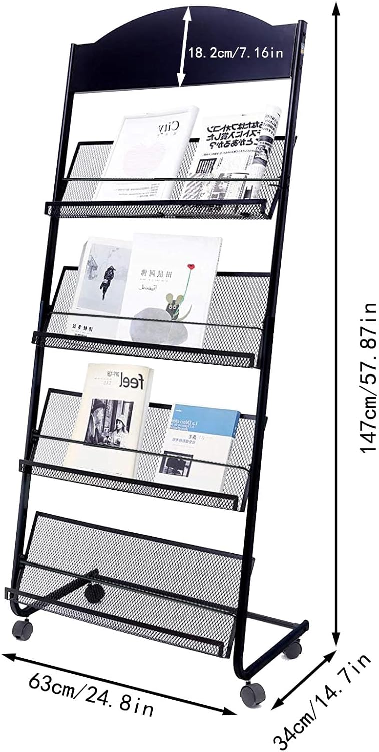 Floor Standing Magazine Rack with Locking Wheels 4 Tier