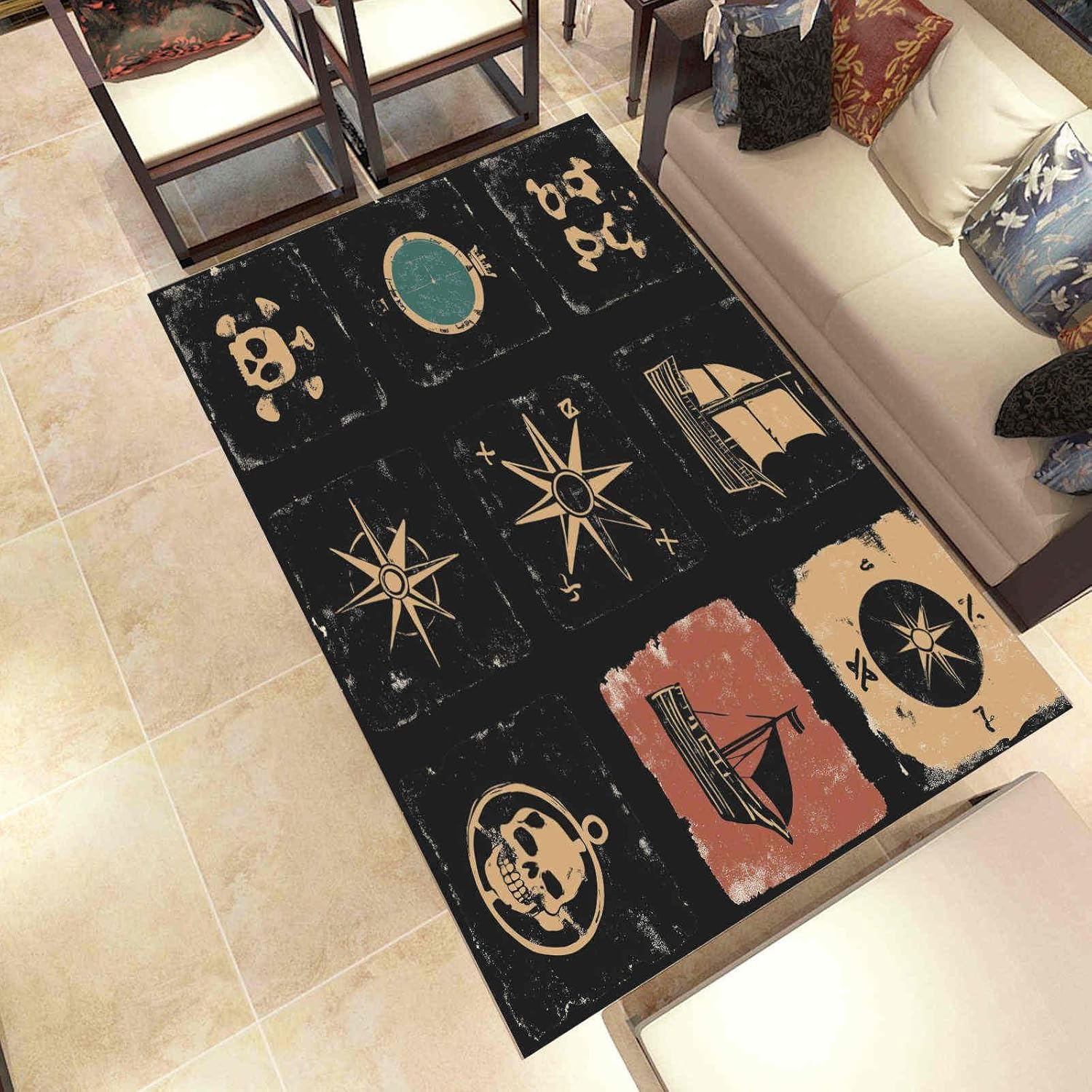 Cartoon Marine Telescope Washable Area Rug 5x6ft