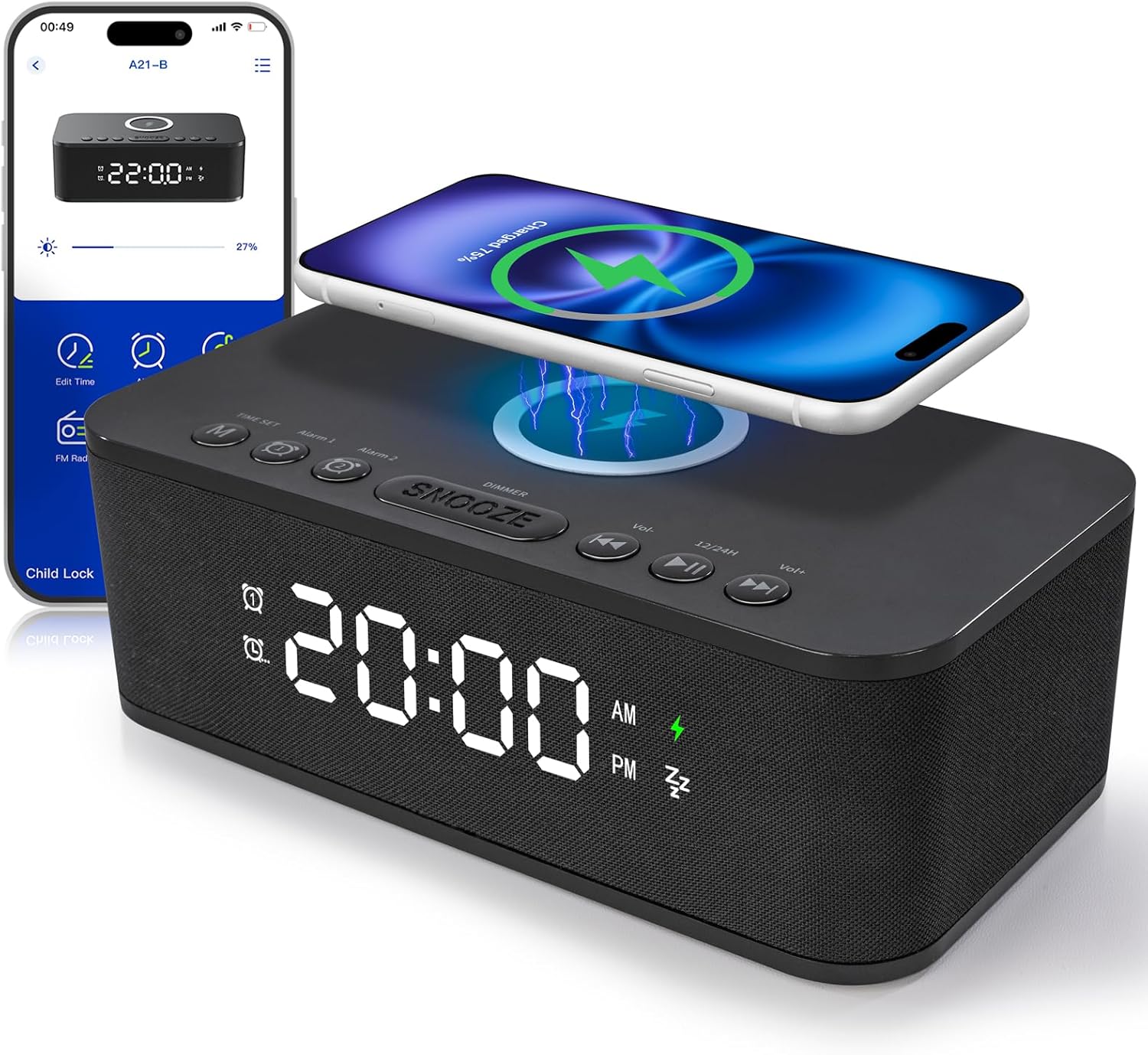 Dual Alarm Clock Radio with Bluetooth and White Noise