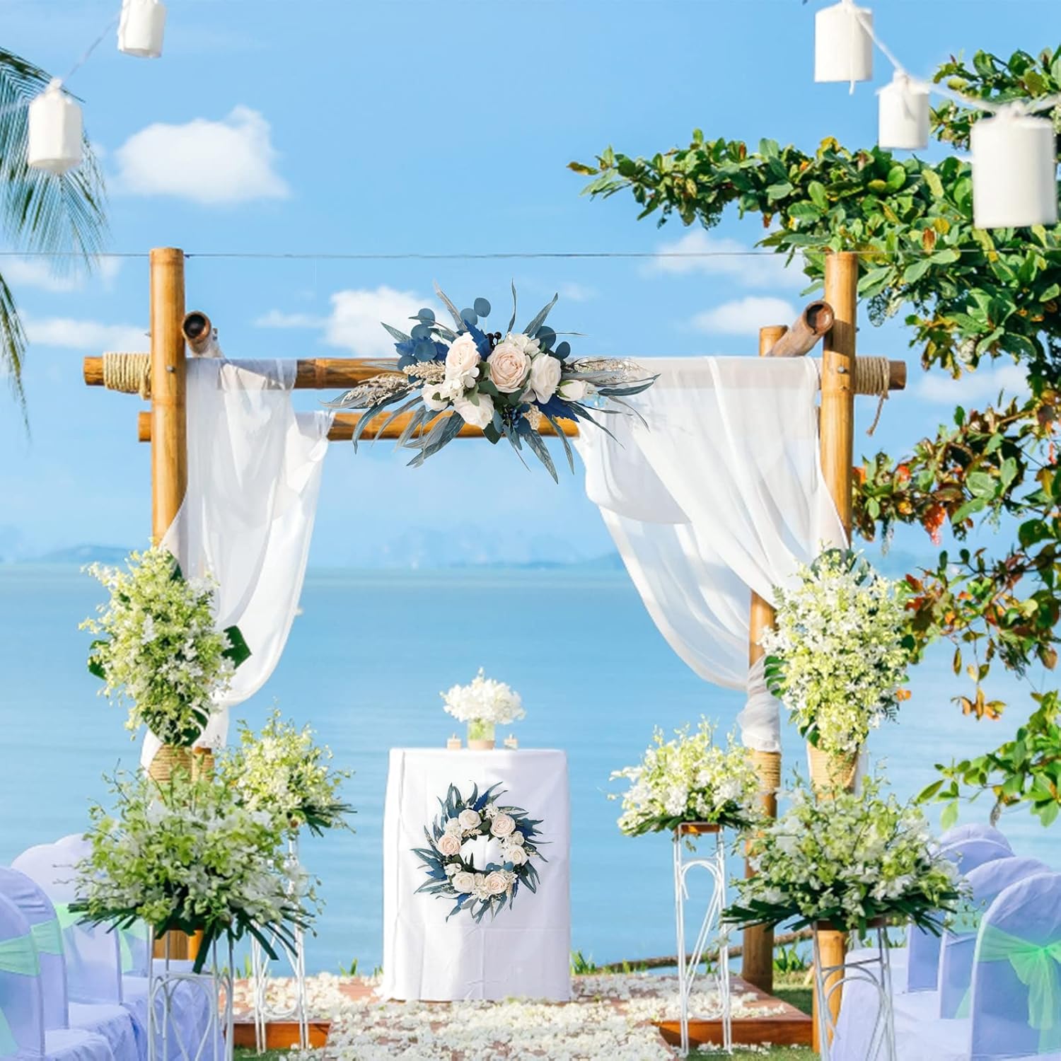 IUIBMI Spring Wreath with Malachite Blue Leaves and Silk Roses