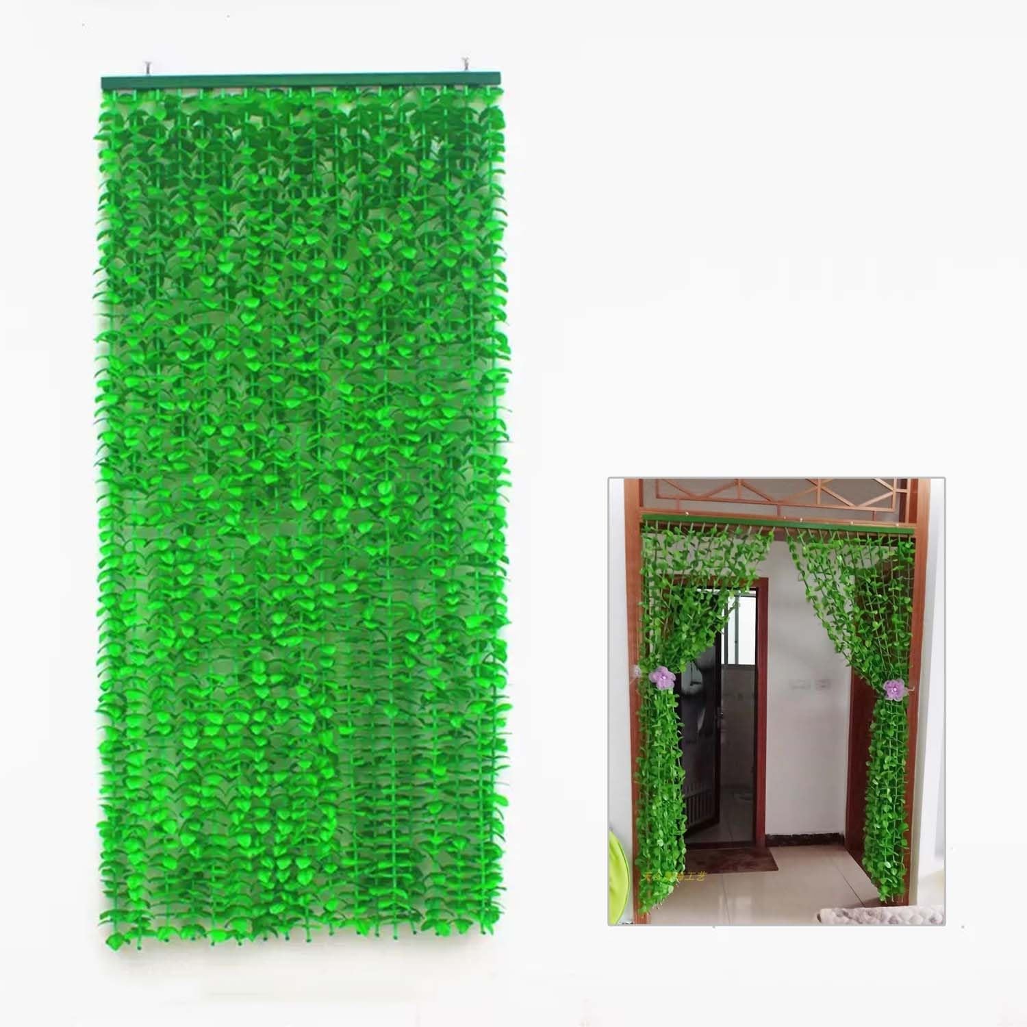 Bamboo Beaded Curtain with Green Leaf Fringe for Doors and Windows