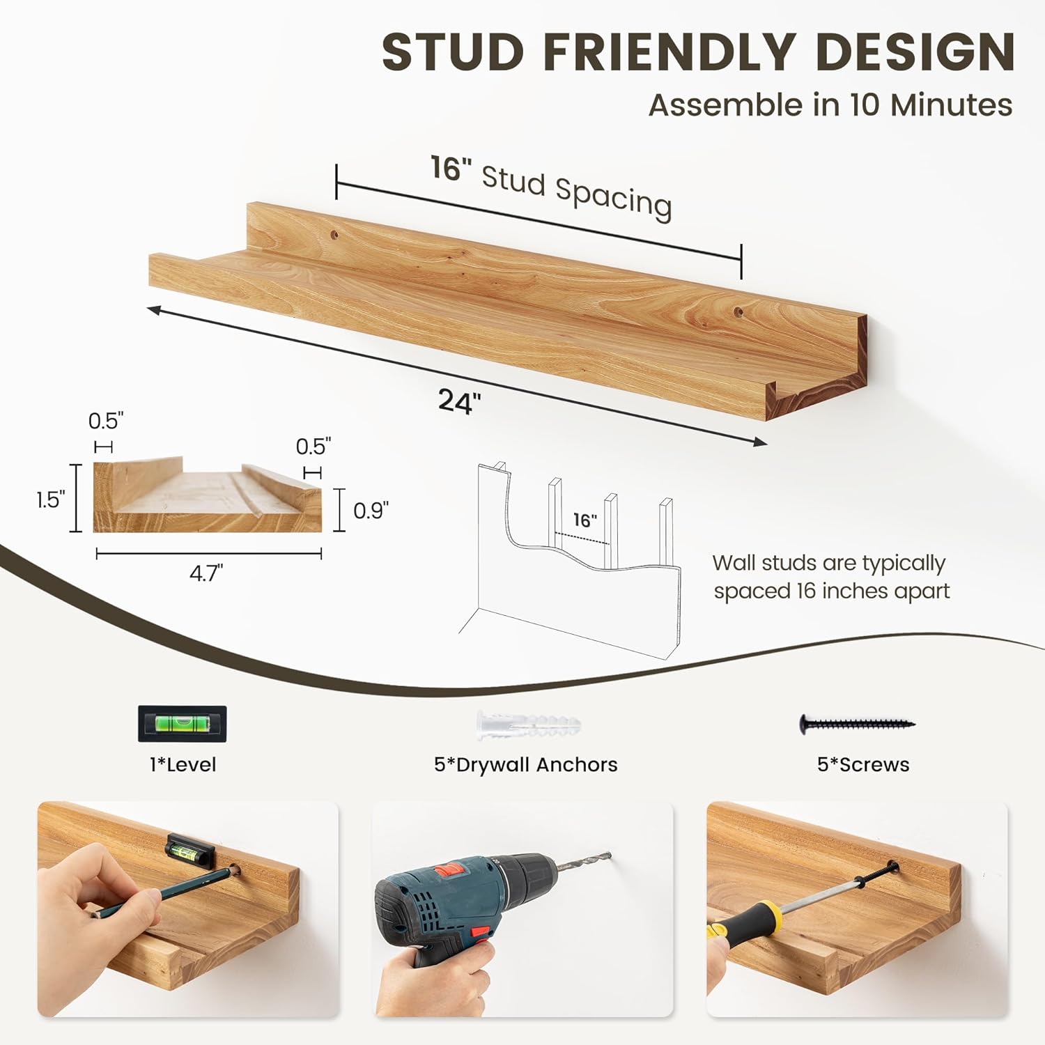 Picture Ledge Shelf Set of 2 - Rustic Elm Wood 24 Inches