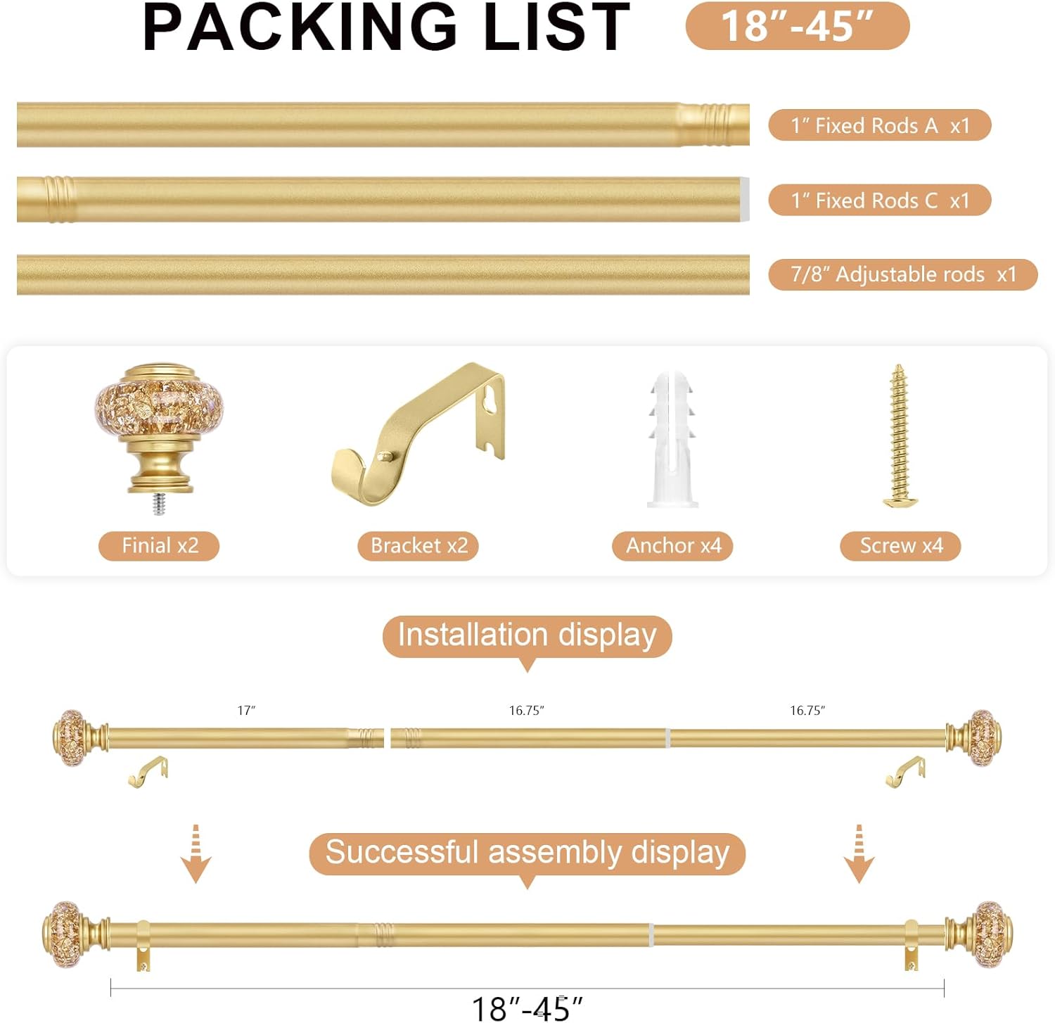 Gold Crystal Curtain Rod with Adjustable Finials