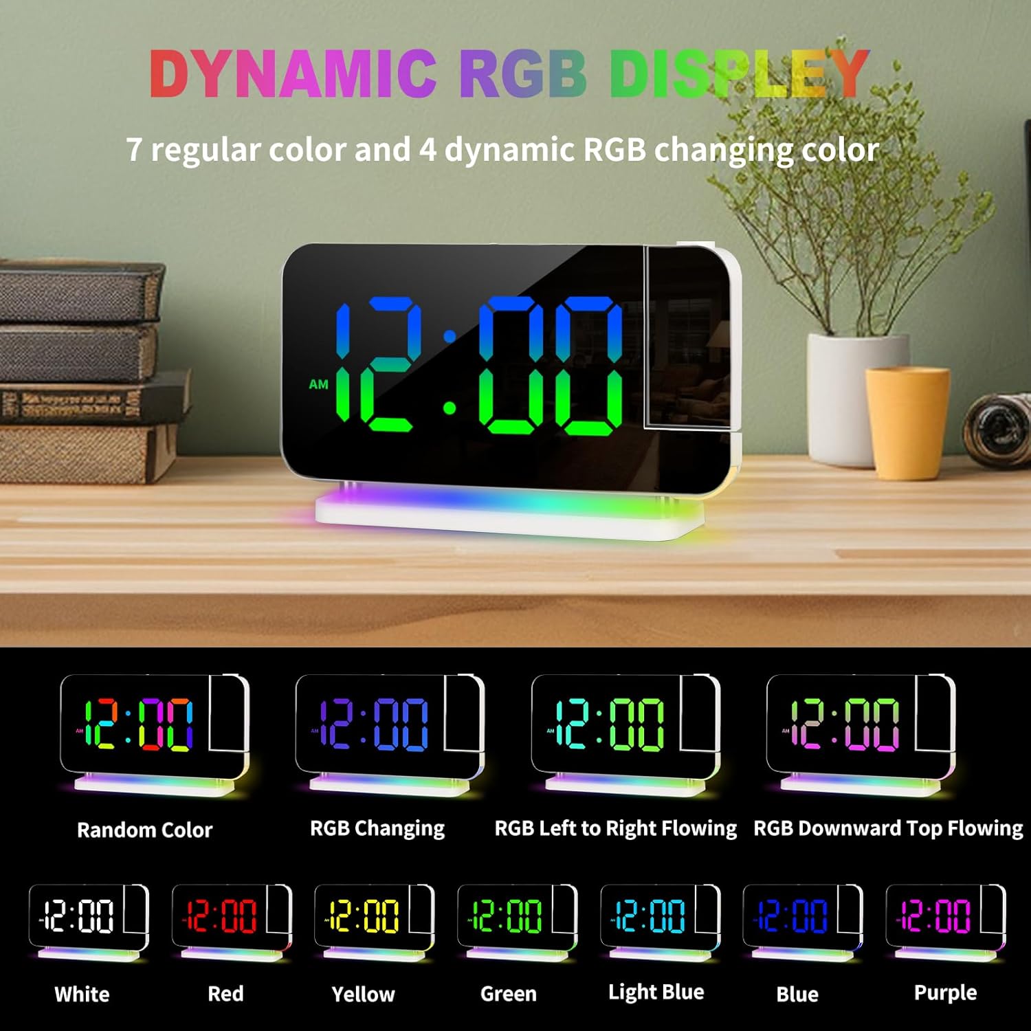 Hanaix Projection Alarm Clock with RGB Night Light and Auto Dimming