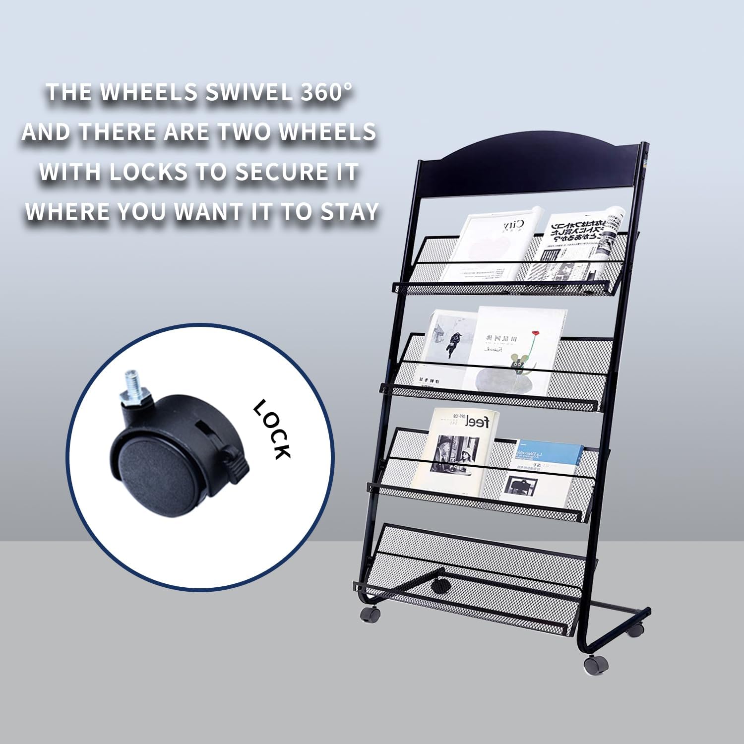 Floor Standing Magazine Rack with Locking Wheels 4 Tier