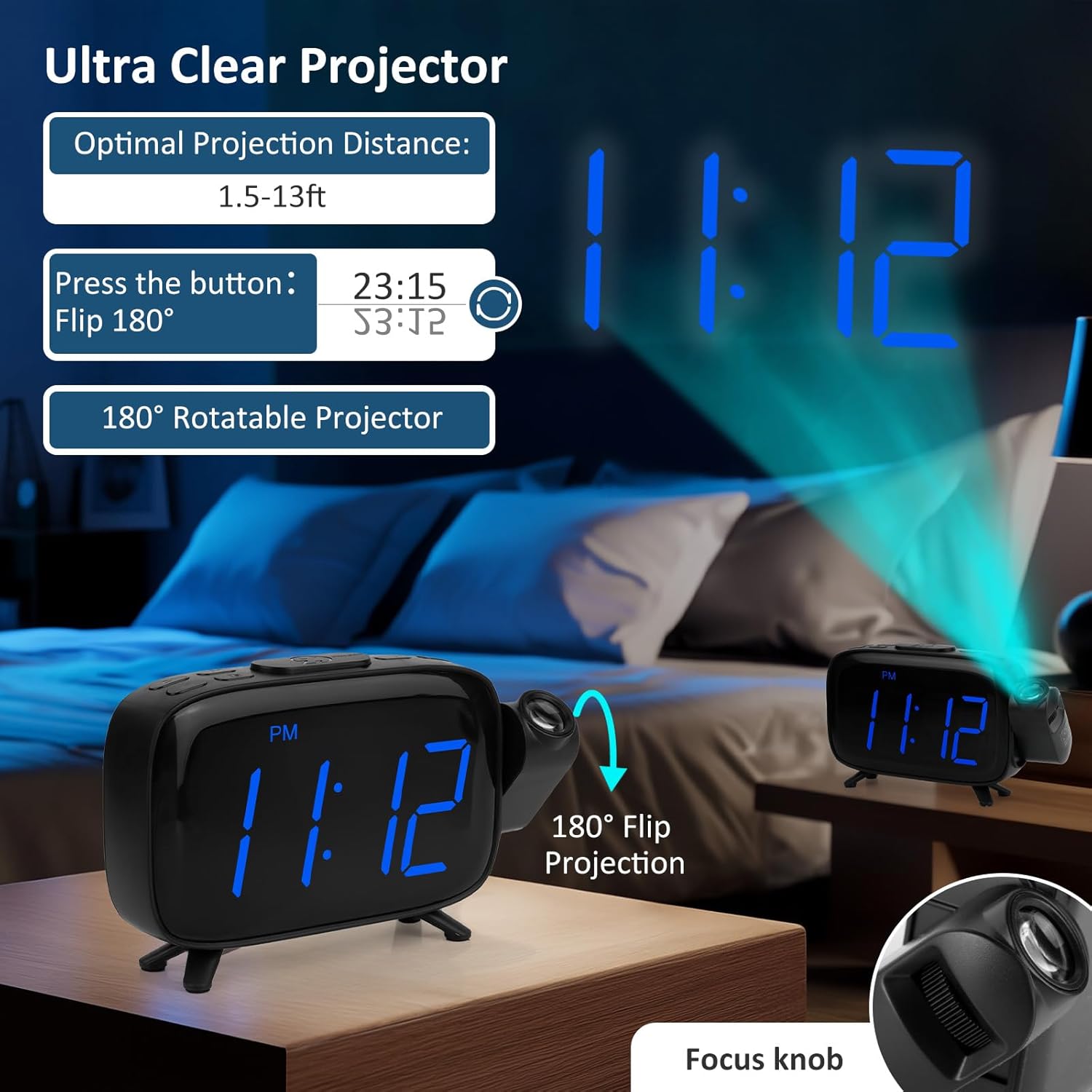 WAIGESEN Digital Projection Alarm Clock with Dual Alarms and FM Radio
