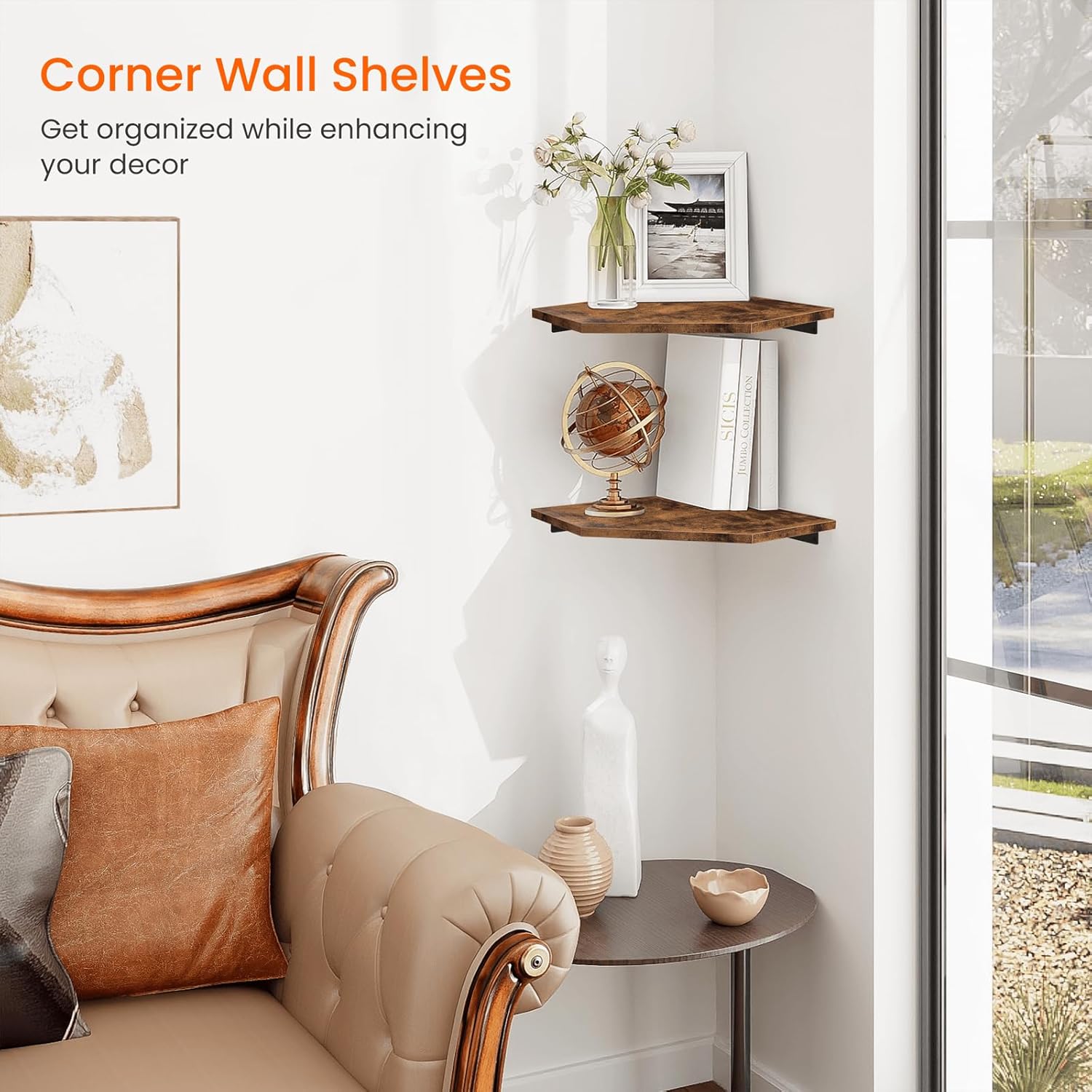 Homode Corner Shelf Wall Mount Set of 2 Rustic Brown