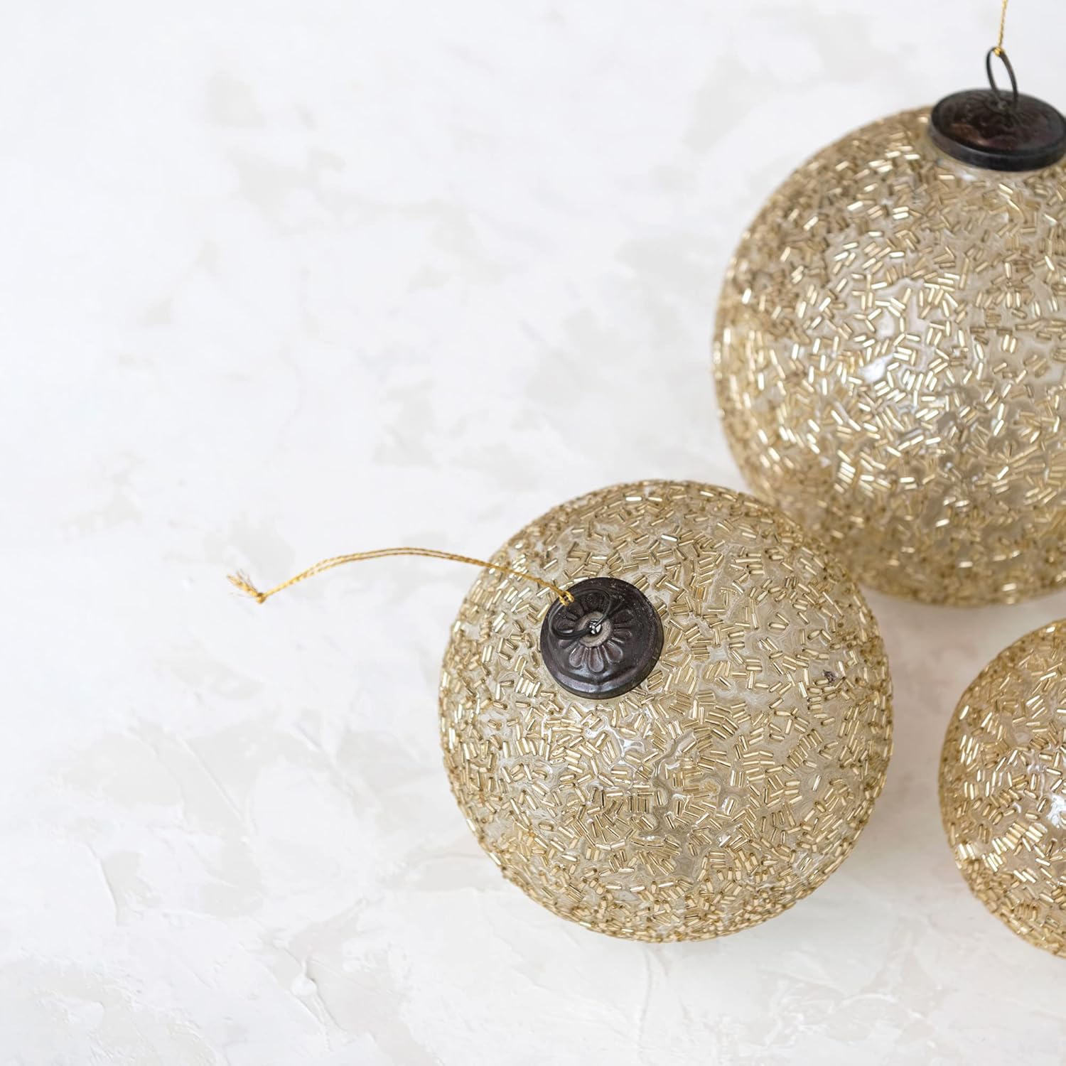 Creative Co Op 5 Inch Round Glass Ball Ornament with Beads in Gold