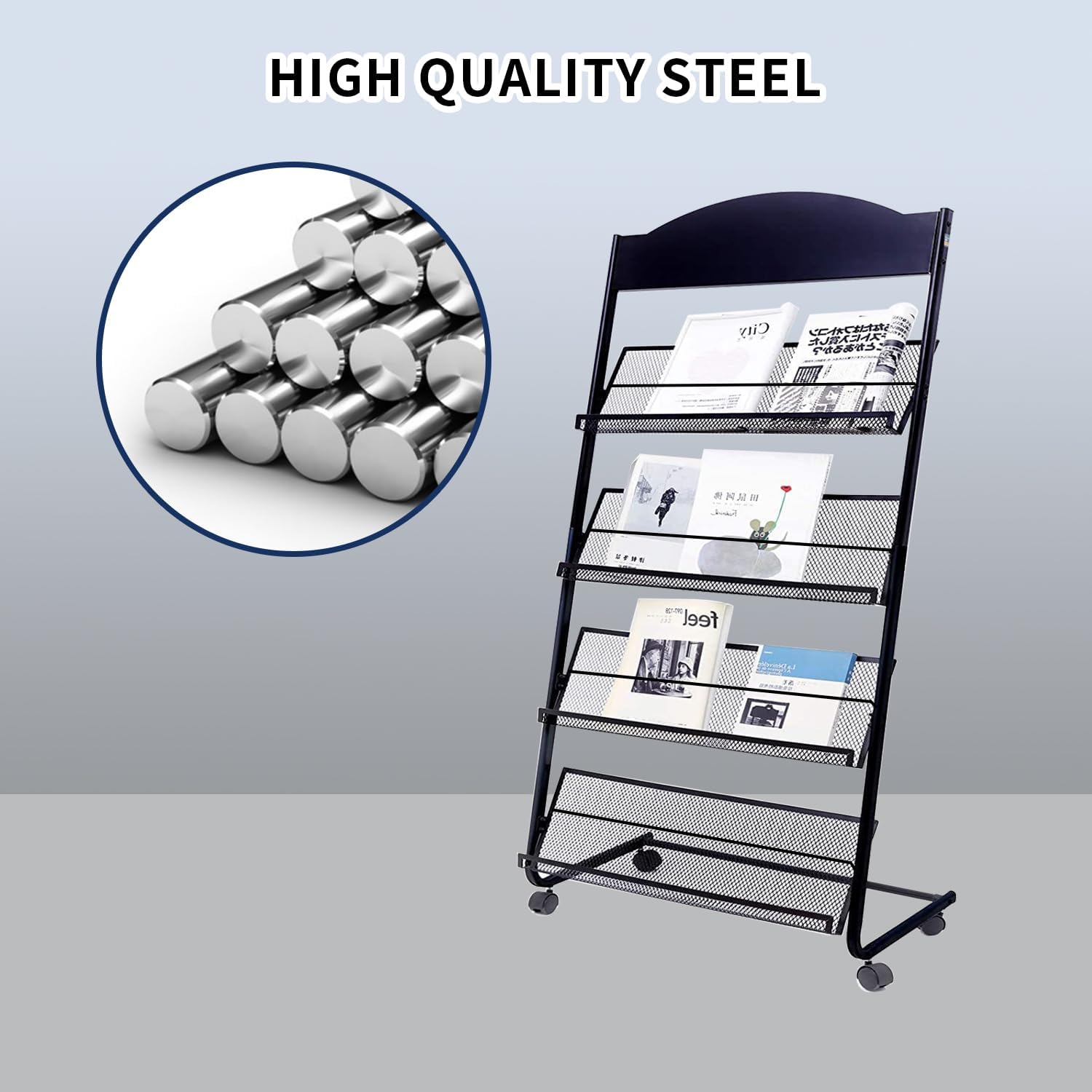 Floor Standing Magazine Rack with Locking Wheels 4 Tier