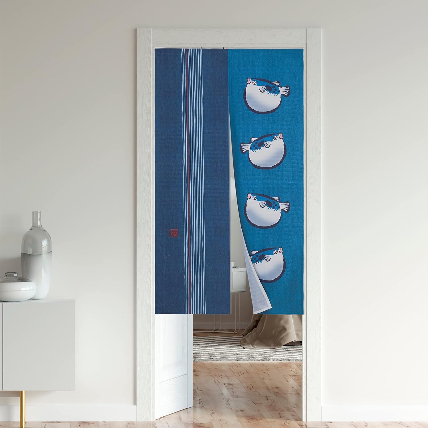 Japanese Noren Door Curtain Tapestry with Puffer Fish Design 33x59 Inch