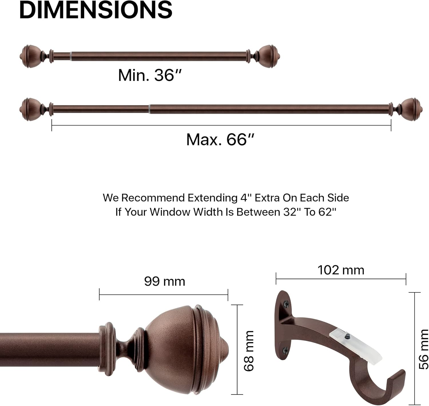 Deco Window Adjustable Brown Curtain Rod 36-66 Inches