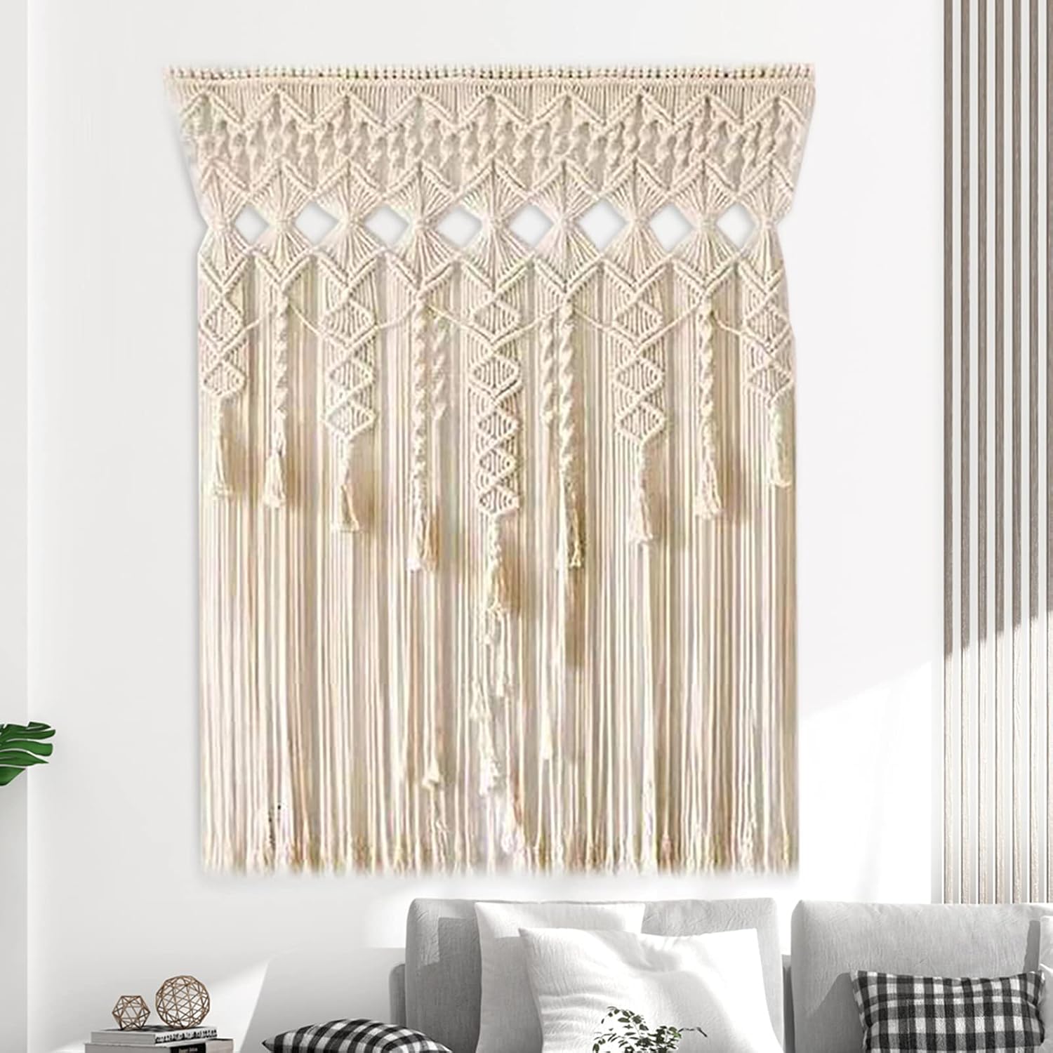 Boho Macrame Curtain for Window Doorway Handmade Beige