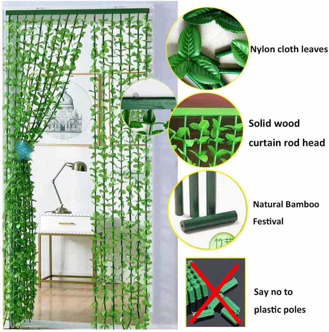 Bamboo Beaded Curtain with Green Leaf Fringe for Doors and Windows