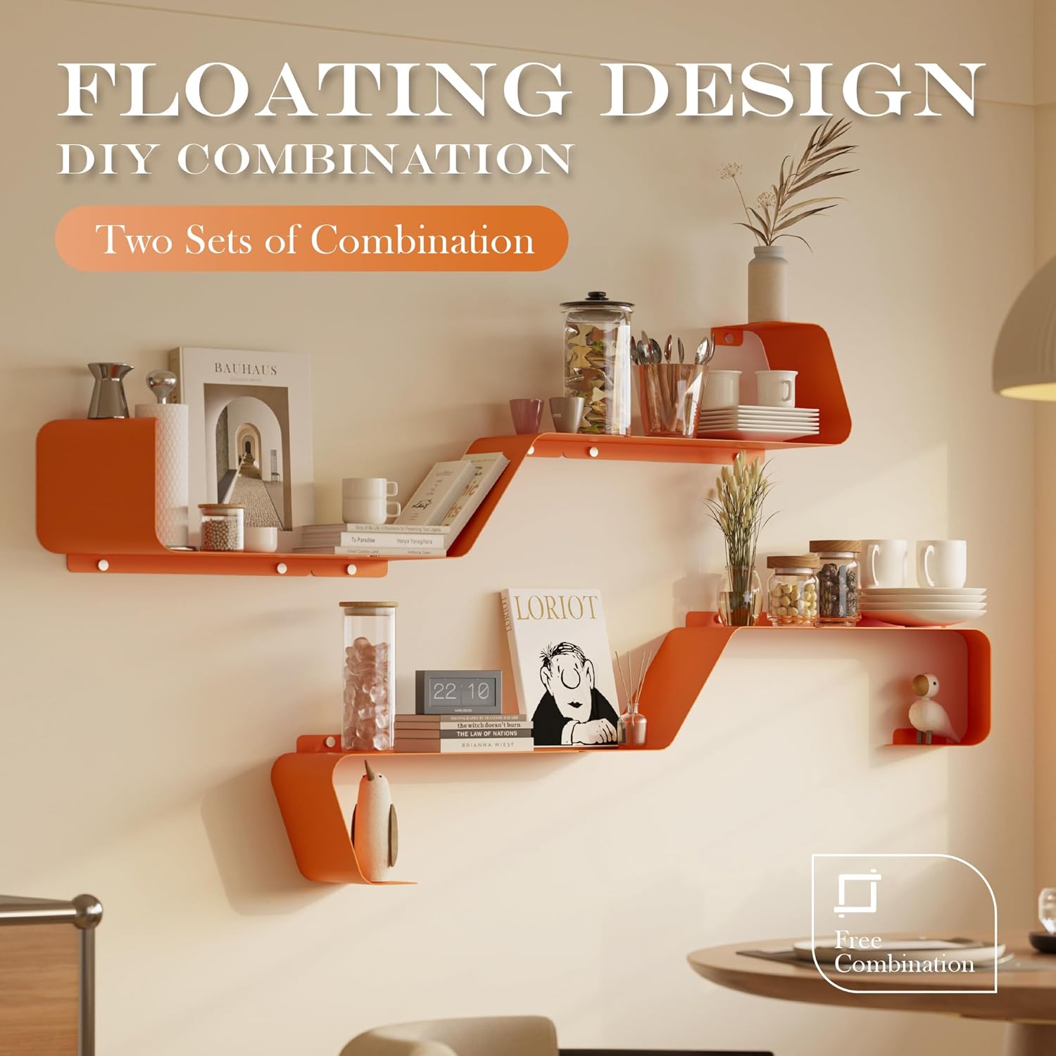 Set of 3 Floating Metal Wall Shelves with Orange Design