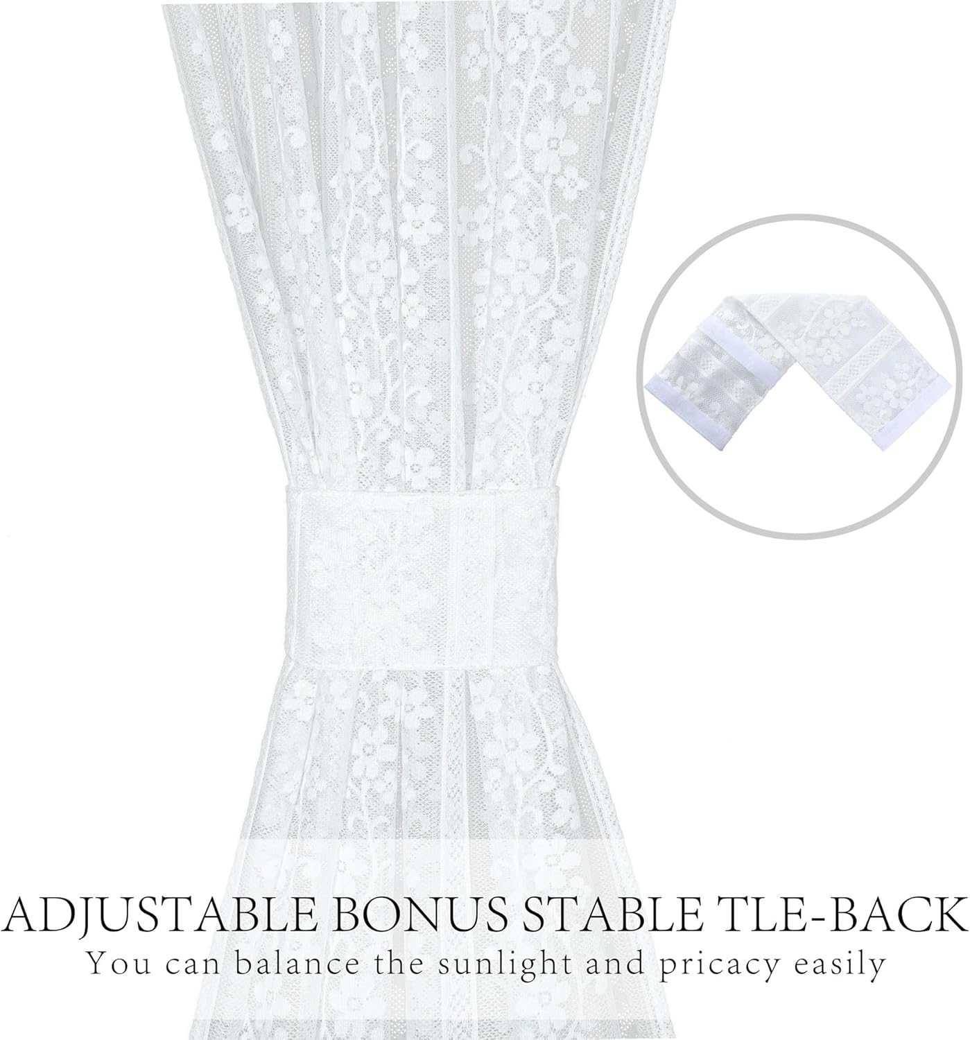 White Lace French Door Curtain with Tieback and Floral Design