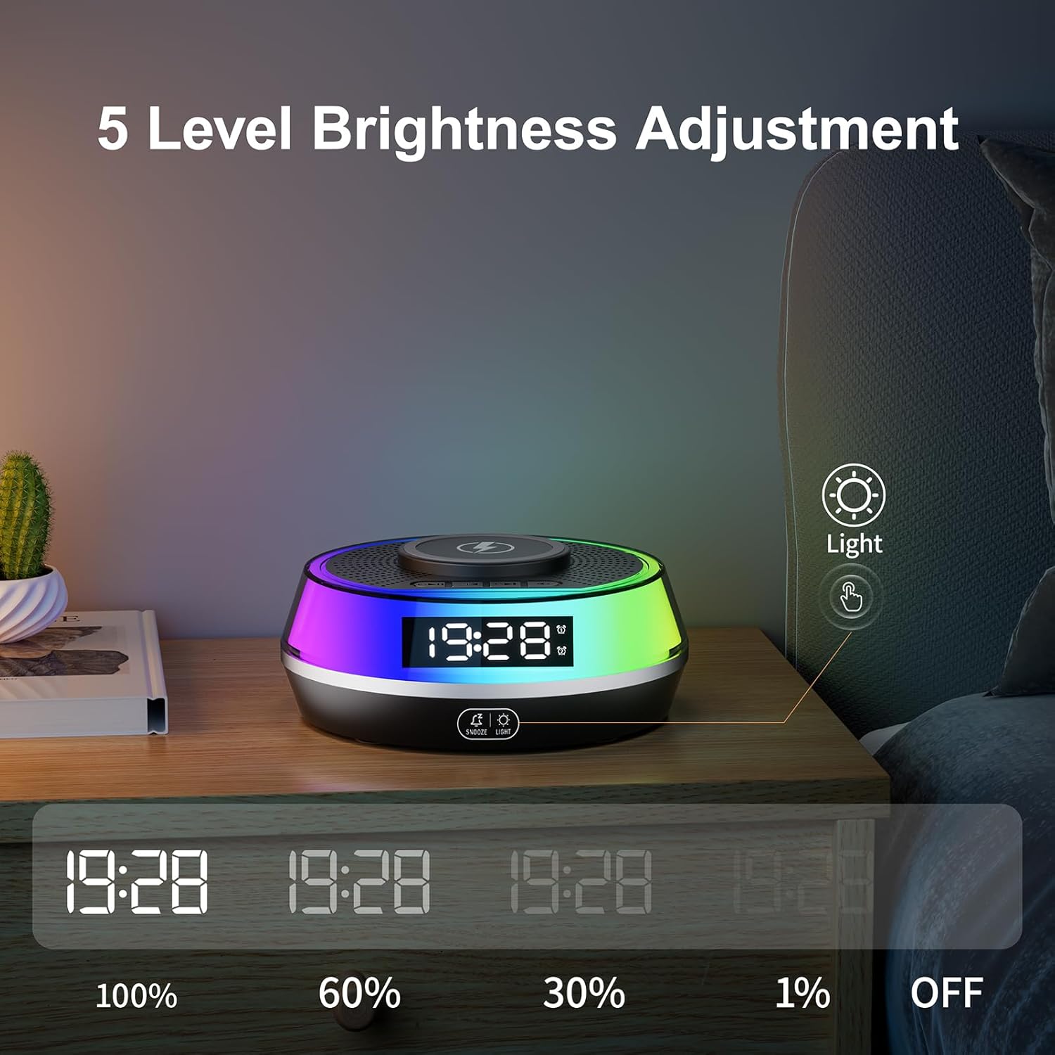 5 in 1 Alarm Clock with Wireless Charger and Bluetooth Speaker