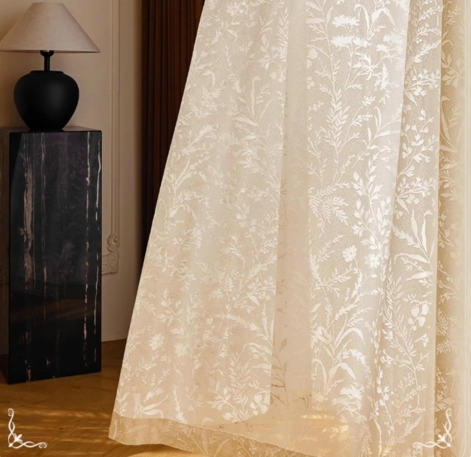 Beige Sheer Curtains with Botanical Design 2 Panels 38W x 84L Inch