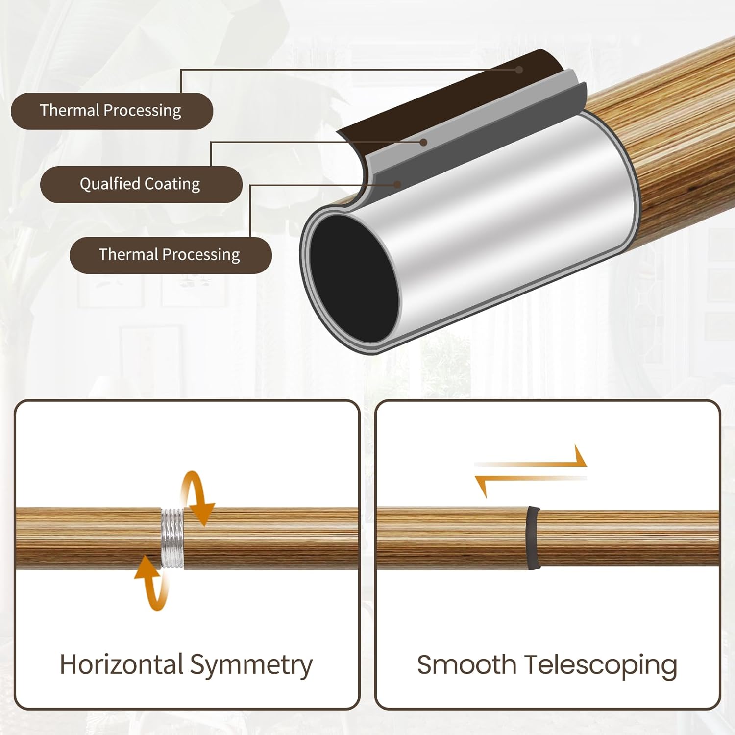 EQURROY Wood Curtain Rod for Windows 28-48 Inches
