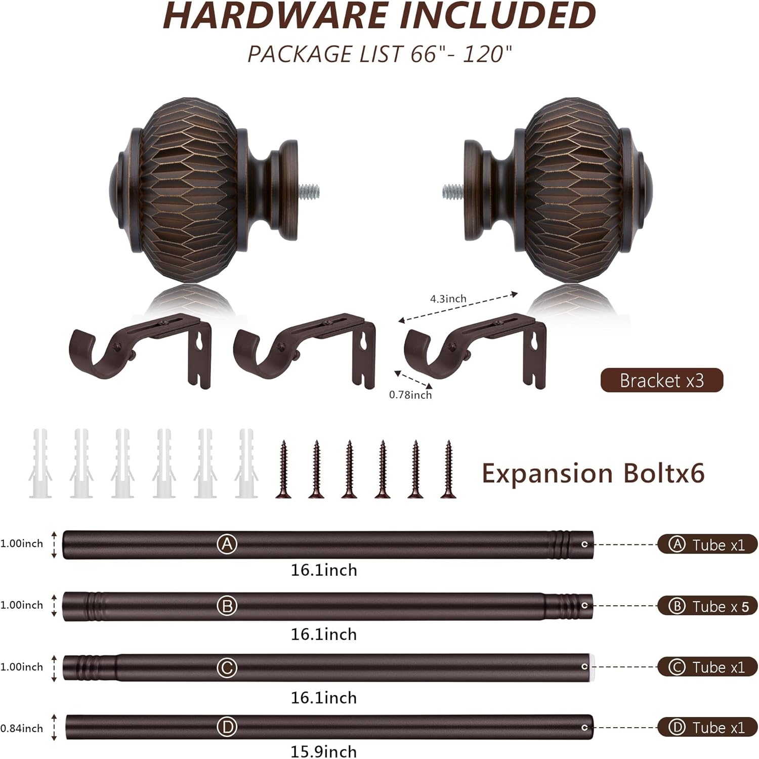 Bronze 1 Inch Adjustable Curtain Rods with Lantern Ends