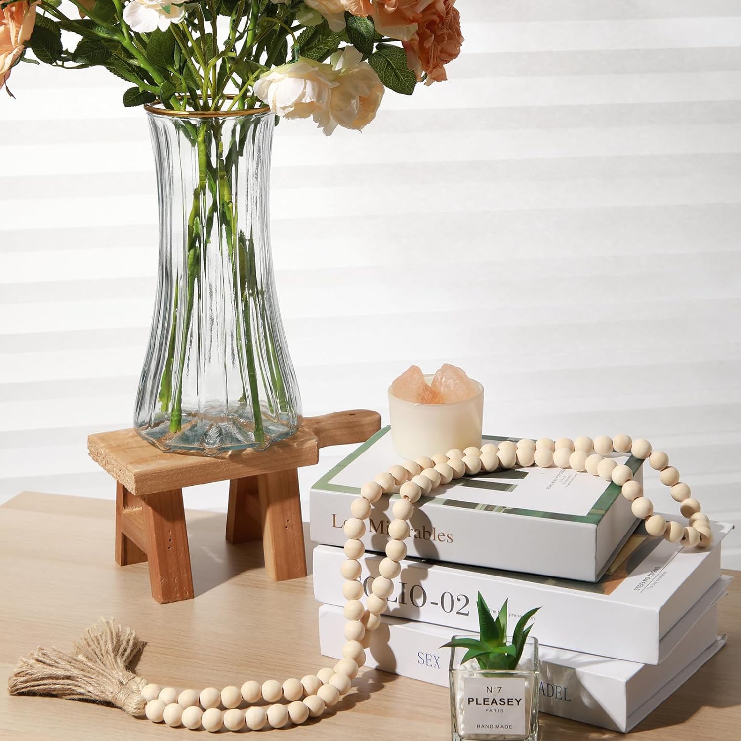 Wood Pedestal Stand with Handle and Beaded Ornaments
