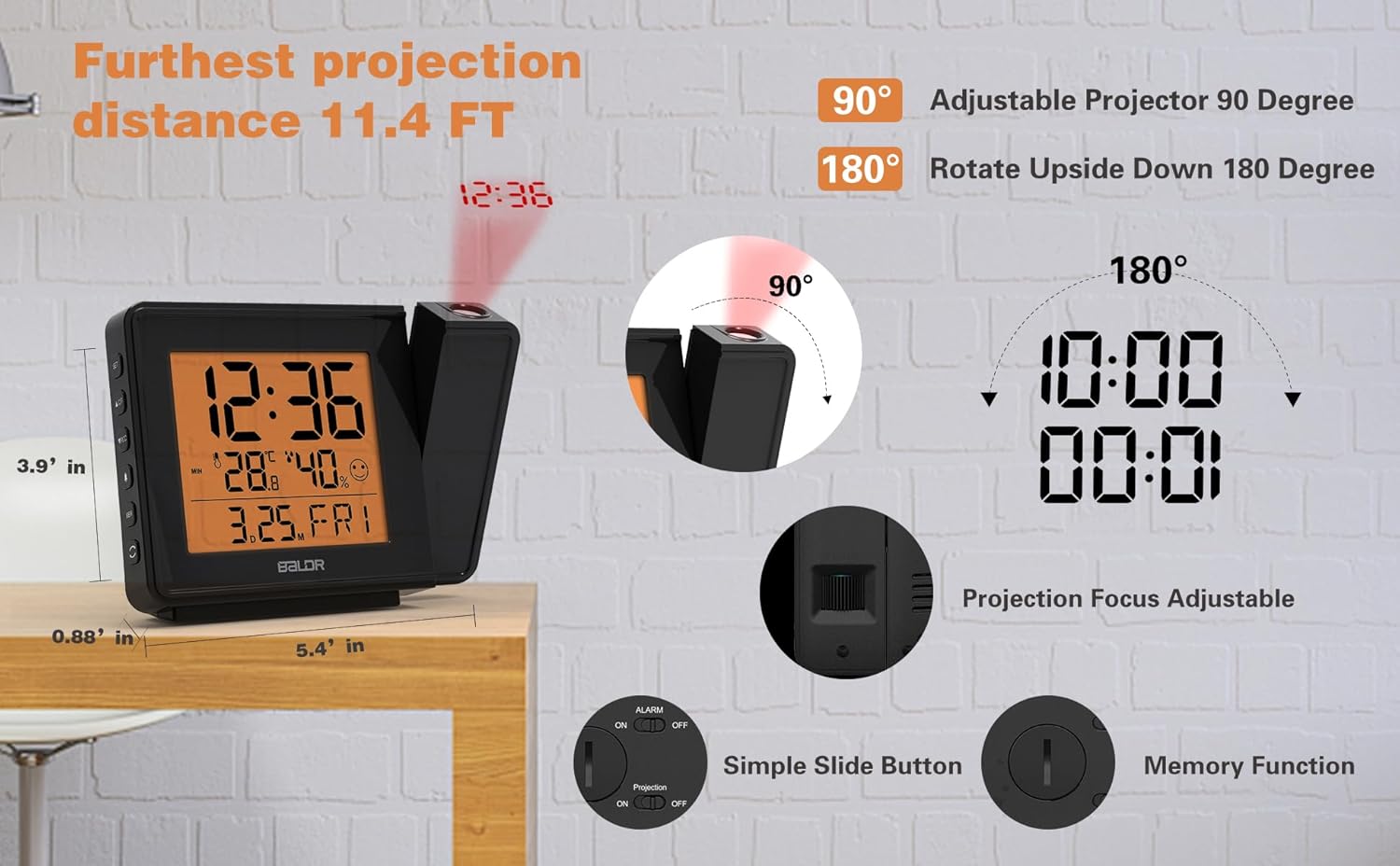 BALDR Projection Alarm Clock with Temperature Display