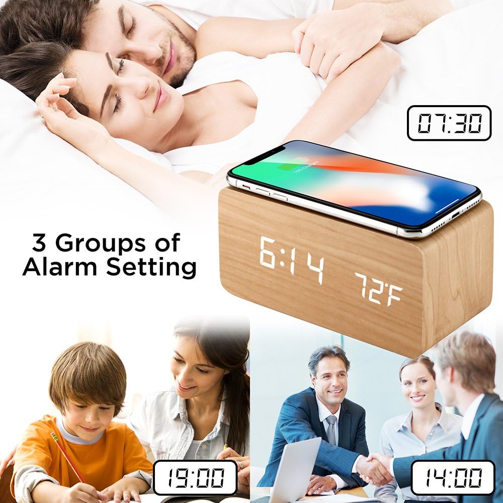 OCT17 Wood Alarm Clock with Qi Wireless Charging
