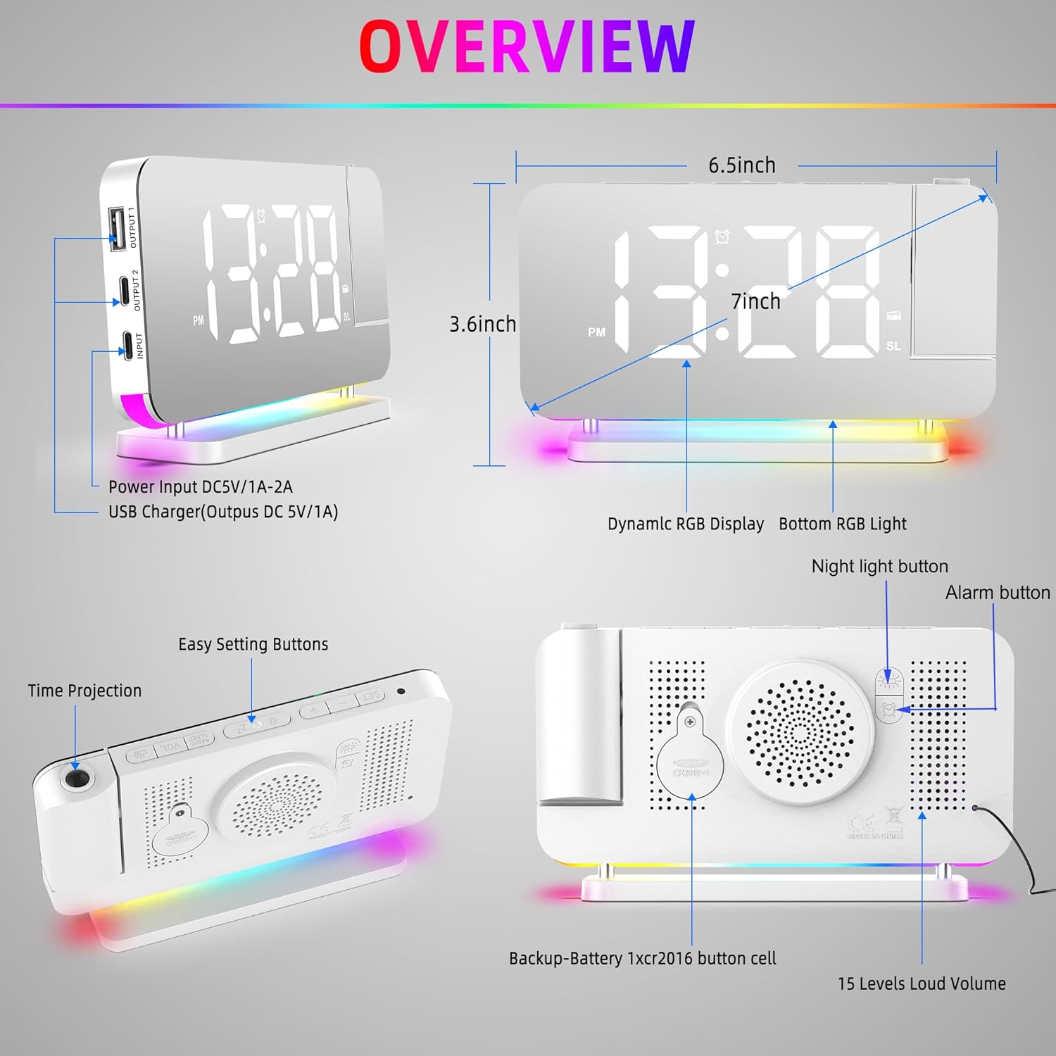Hanaix Projection Alarm Clock with RGB Night Light and Auto Dimming