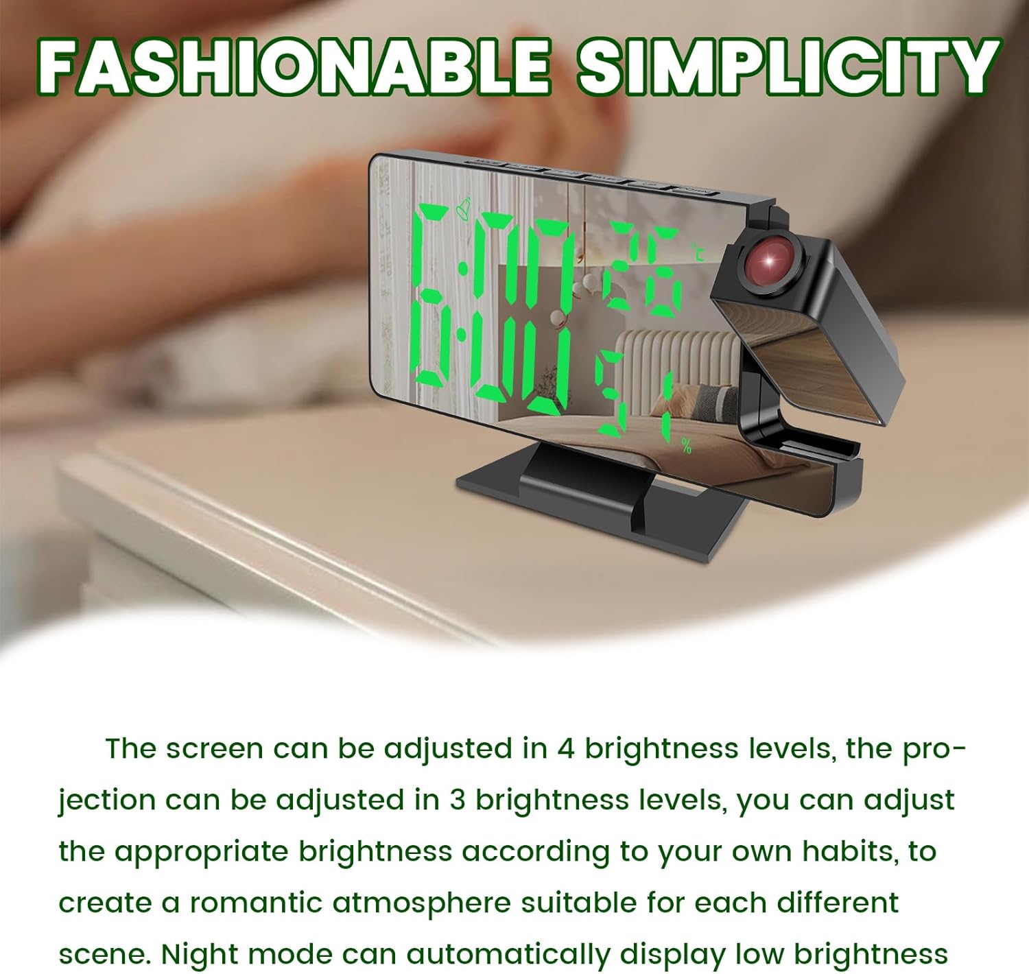Projection Alarm Clock with Rotatable Projector and Dimmable Mirror