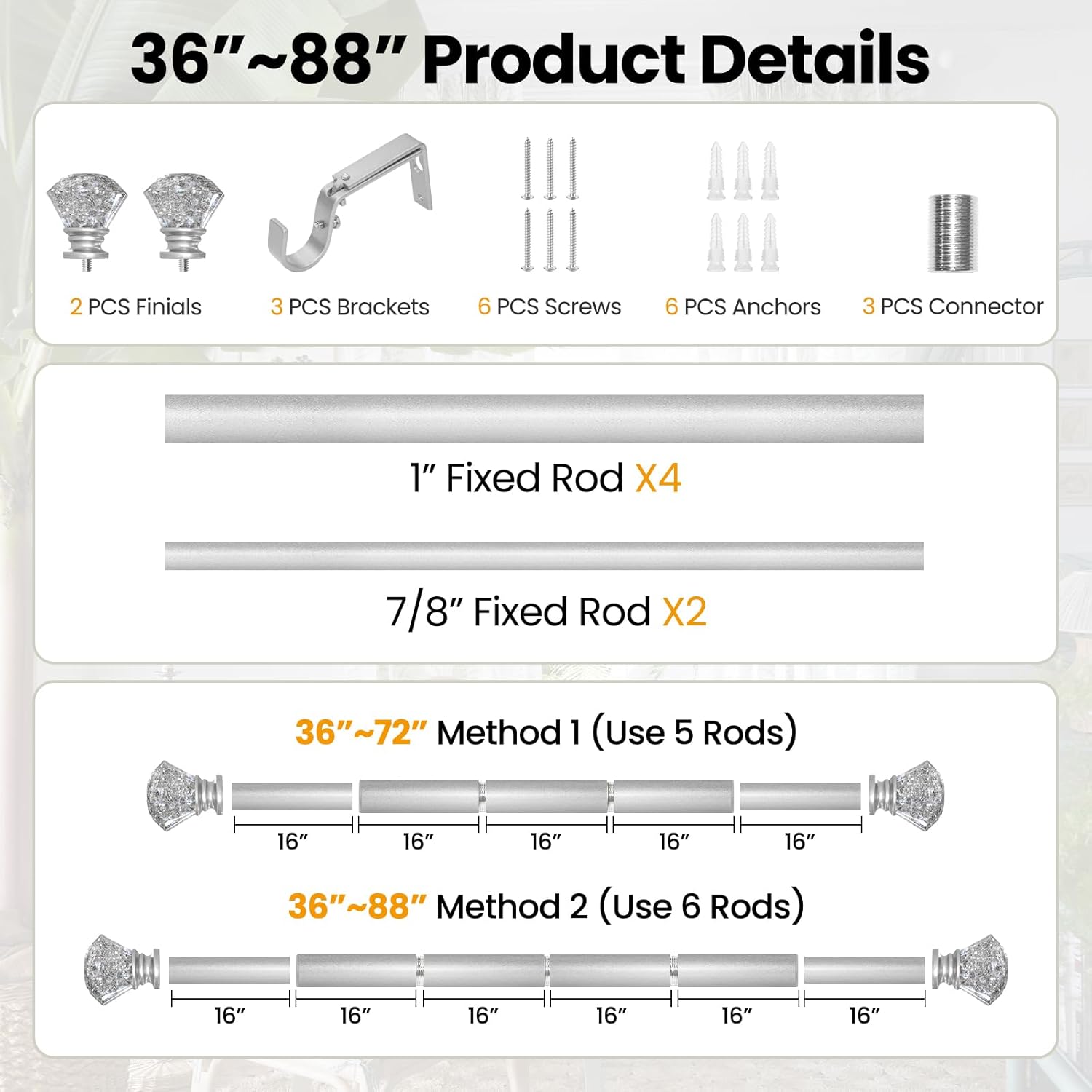 Silver Diamond Curtain Rods 36-88 Inches Adjustable Single Rod