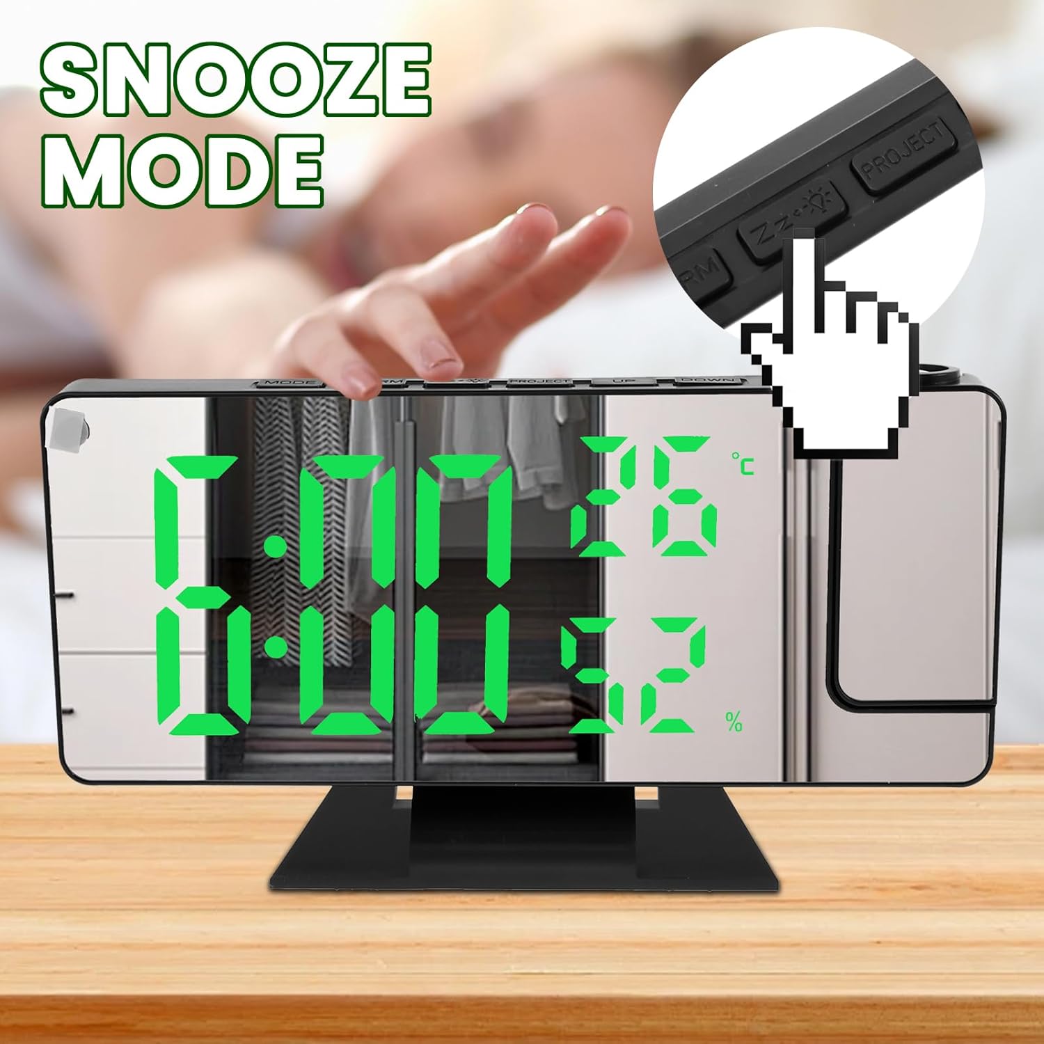 Projection Alarm Clock with Rotatable Projector and Dimmable Mirror