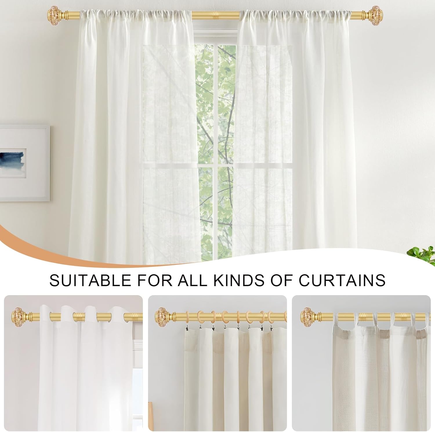 Gold Crystal Curtain Rod with Adjustable Finials
